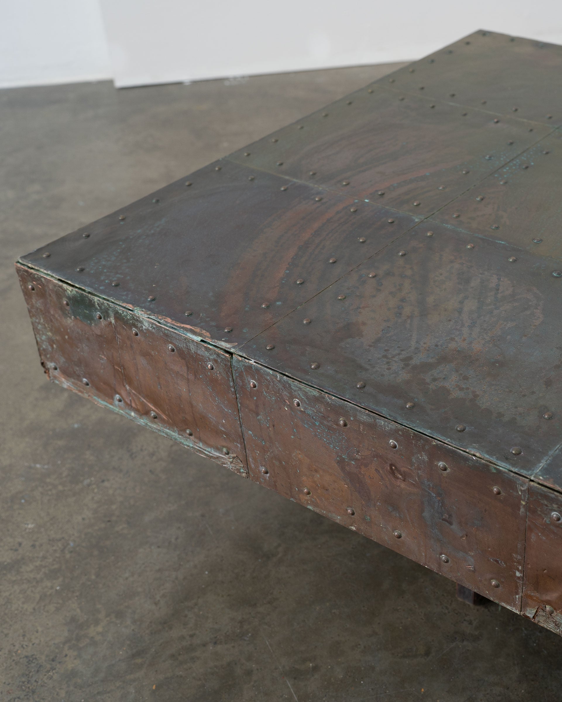 Brutalist Artisanal Copper and Mahogany Coffee Table