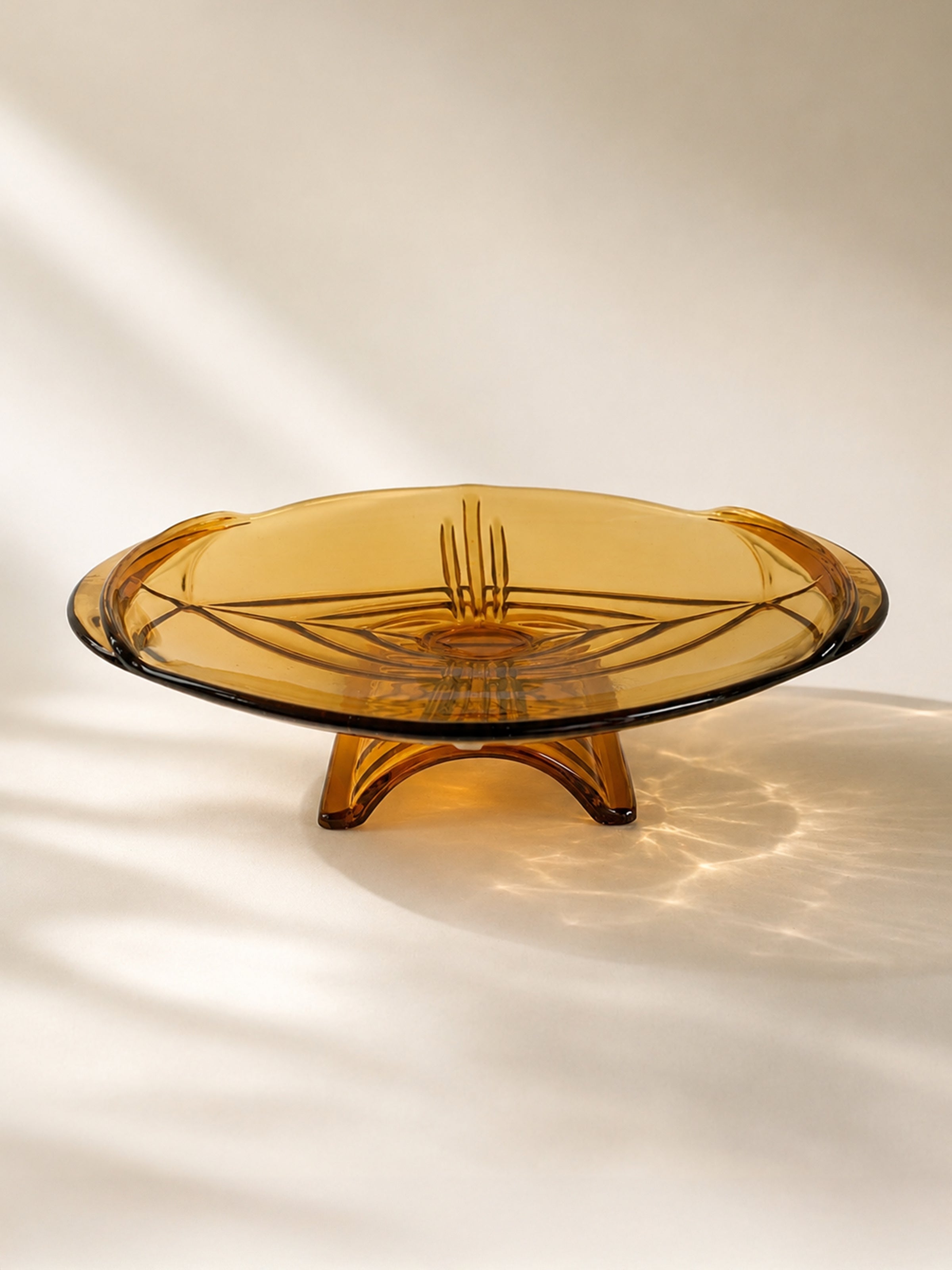 Bohemian Art Deco Amber Glass Fruit Stand - 1930s — detail view
