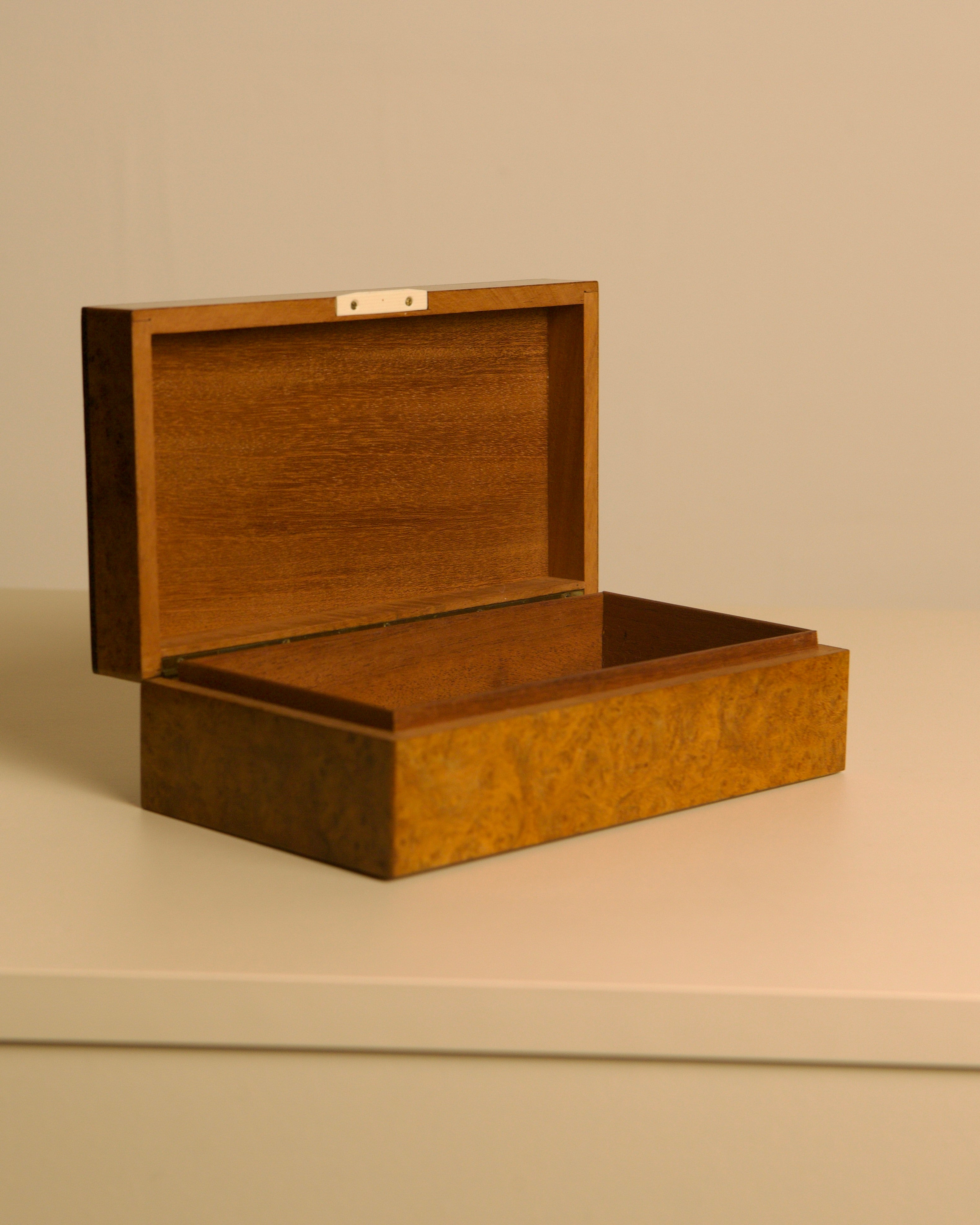 Italian Box in Light Brown Elm Wood, 1960s — side angle showing open interior