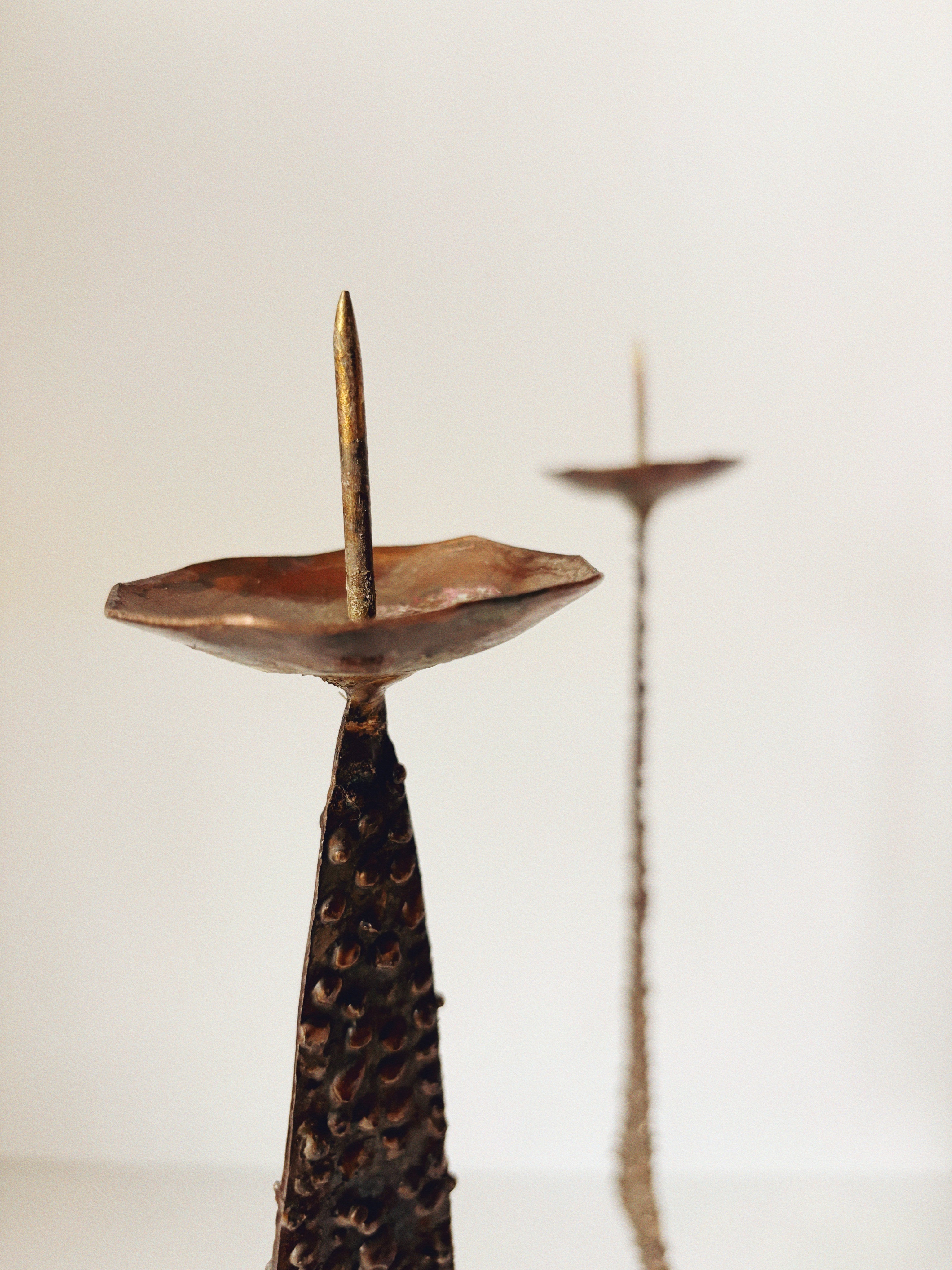Large Brutalist Molten Metal Geometric Metal Candlestick, Poland Mid Century — side angle