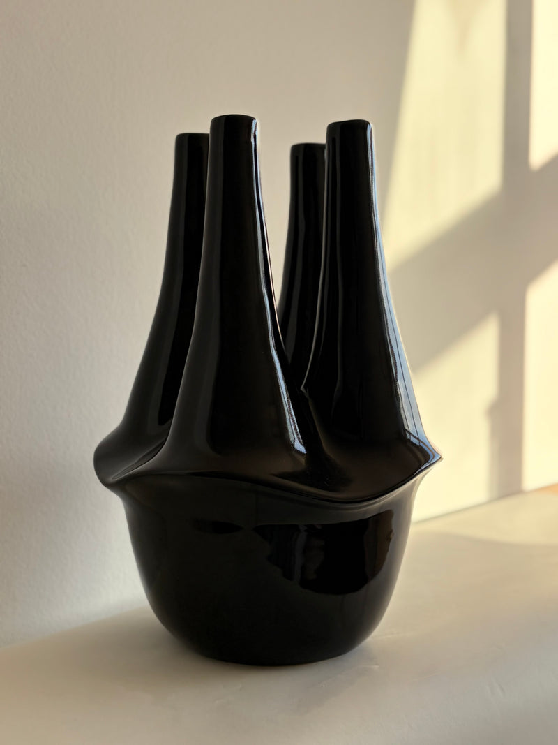 Portuguese Brutalist Black Glazed Multi-Neck Ceramic Vase, 1980s by OBJECT AGENCY | The Oblist