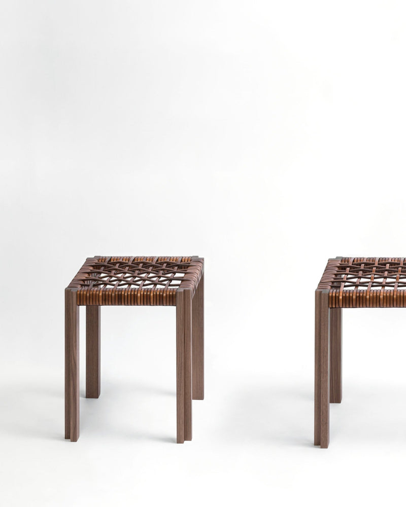 Structura crisscross wooden stools with woven leather seats