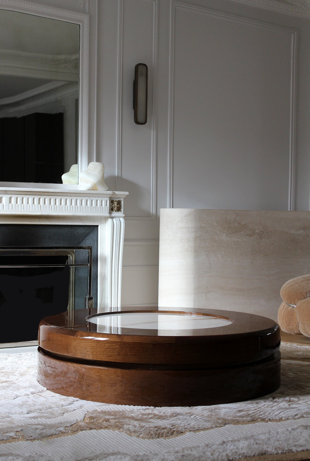 Yoyo Wooden And Shell Onyx Coffee Table — top view in modern living room
