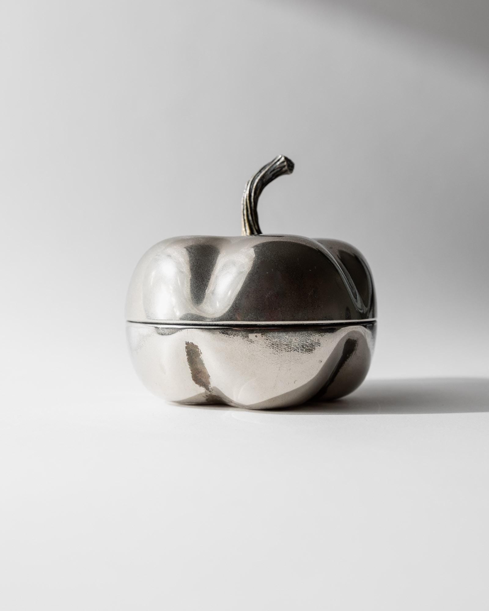 1970s Silver Plated Pumpkin Box — side view on white background