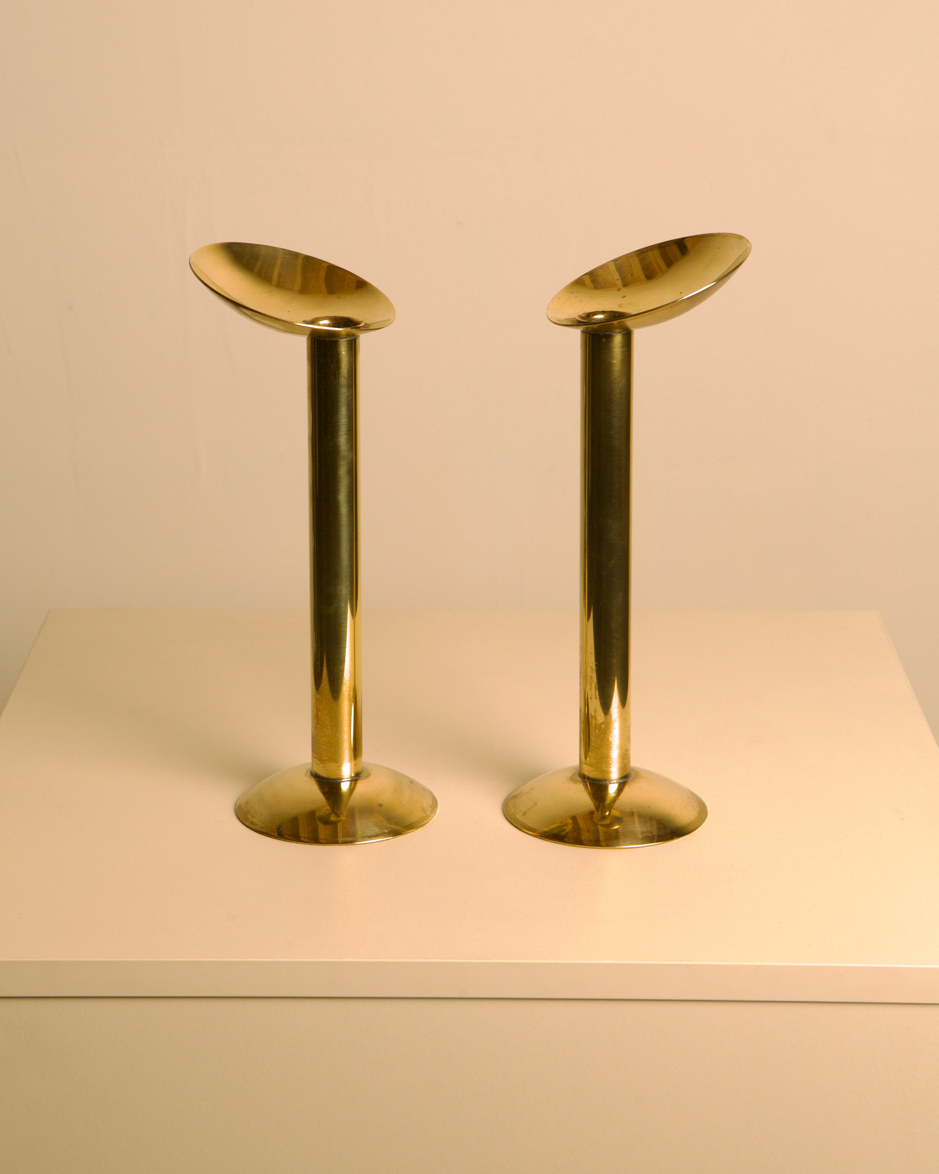 Pair of Large Danish Brass Candleholders 1960s — side angle showing polished brass finish