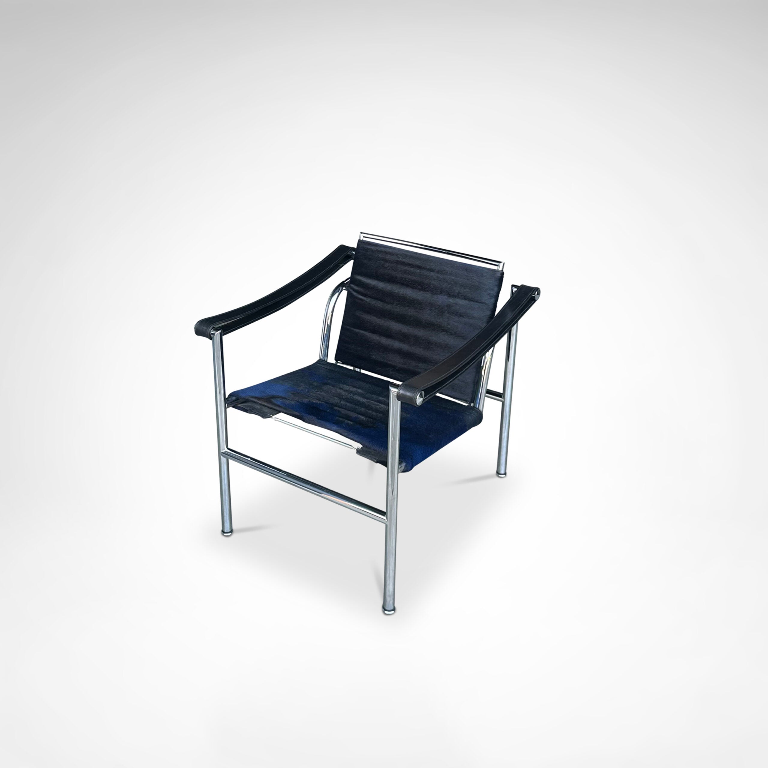 LC1 Blue and Black Ponyskin Armchair by Le Corbusier, Charlotte Perriand & Pierre Jeanneret for Cassina, 1990s — side angle