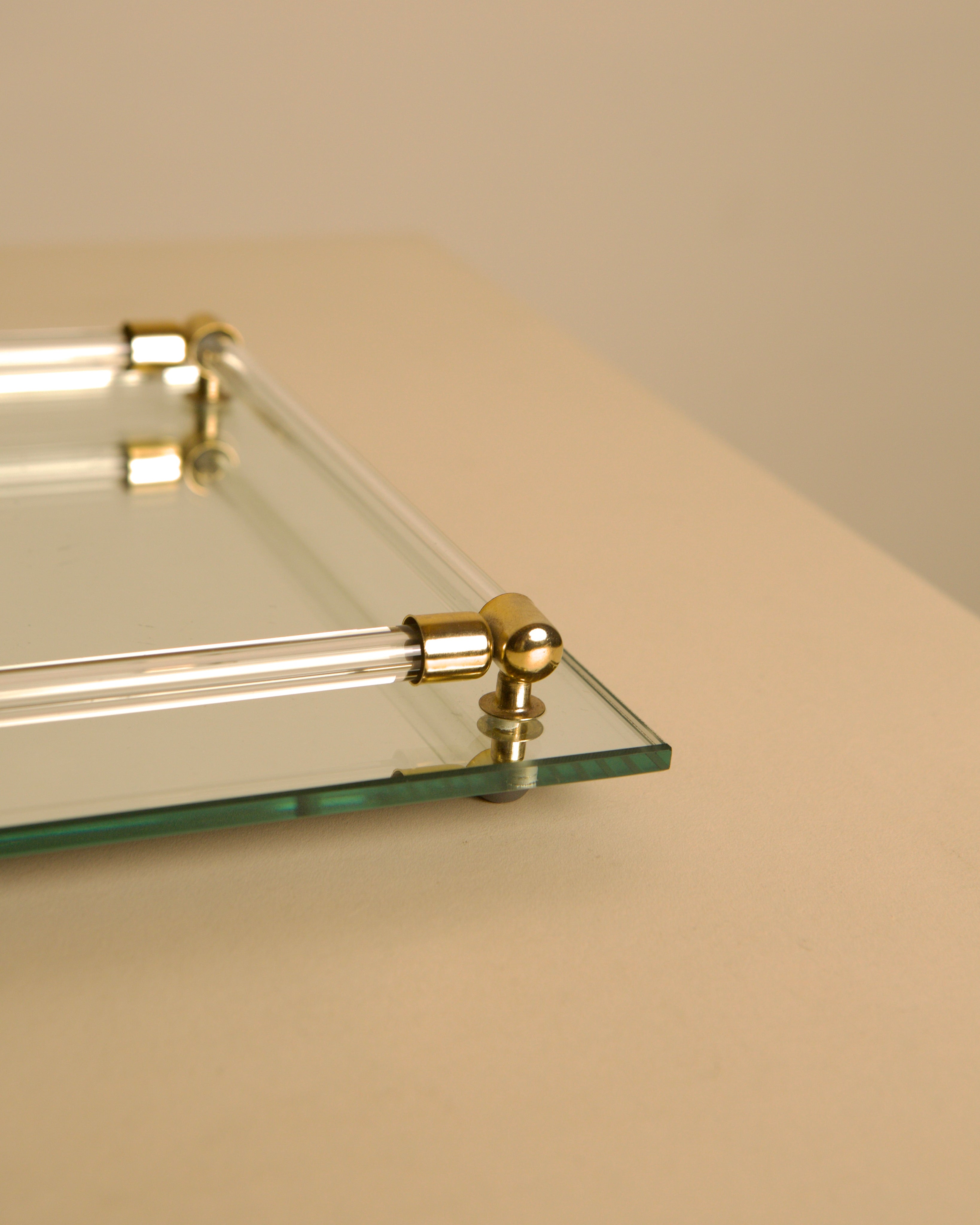 Italian mirror glass, lucite & brass tray, 1970s — side angle