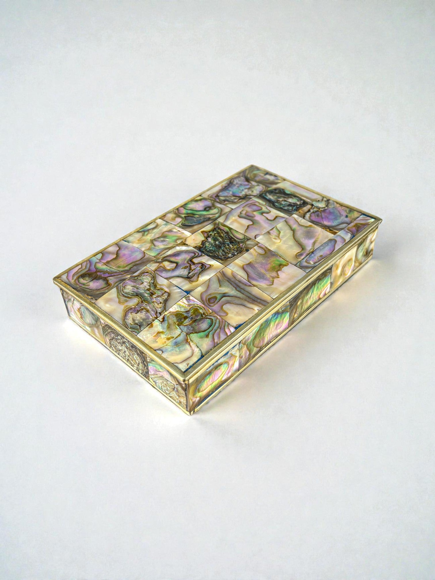Abalone Shell Vanity Box, Alpaca and wood, Mexico, C.1970 — close-up of iridescent shell surface