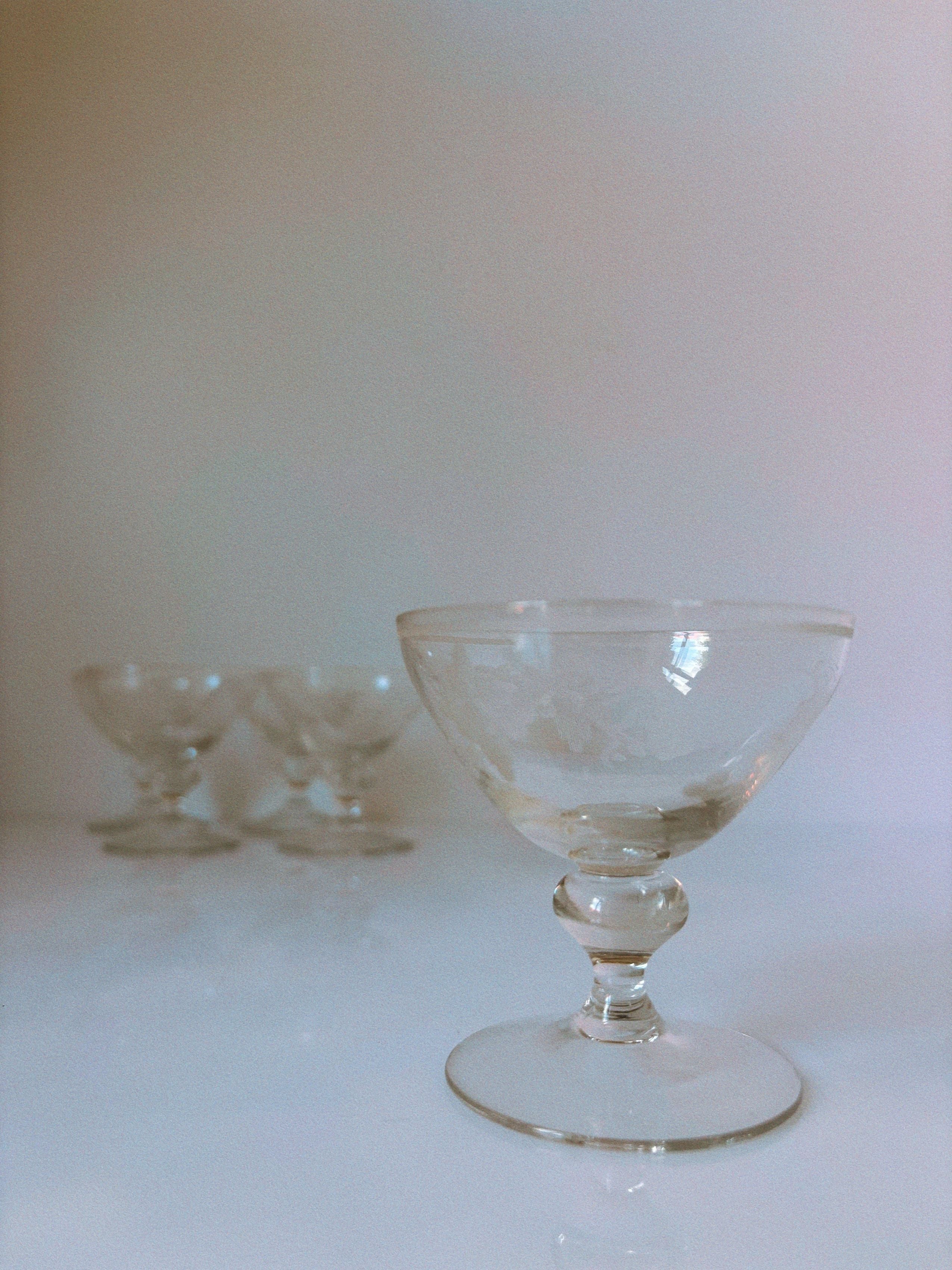 Vintage etched floral wine glass with ornate stem detail