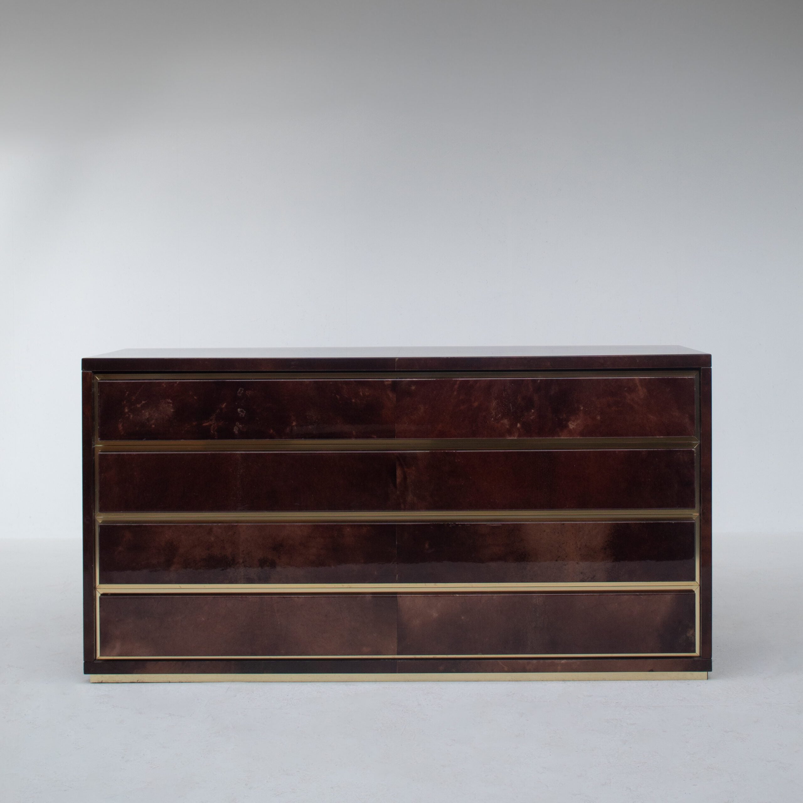 Aldo Tura Cabinet in Brown Lacquer with Brass Details — front view highlighting smooth lacquer finish