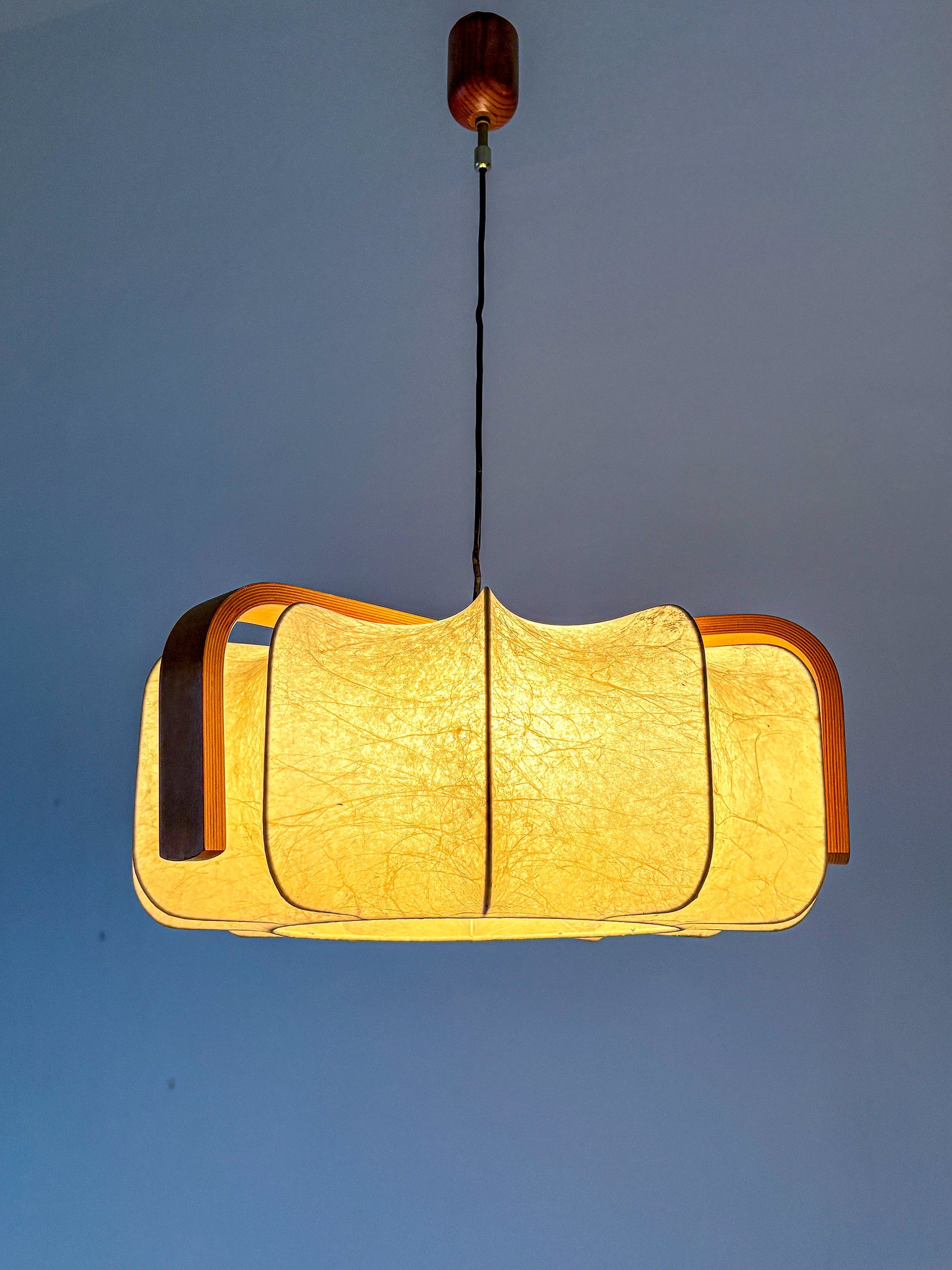 Mid-Century Cocoon Pendant Lamp, Resin & Pine Wood, Italy, 1960s — lifestyle setting