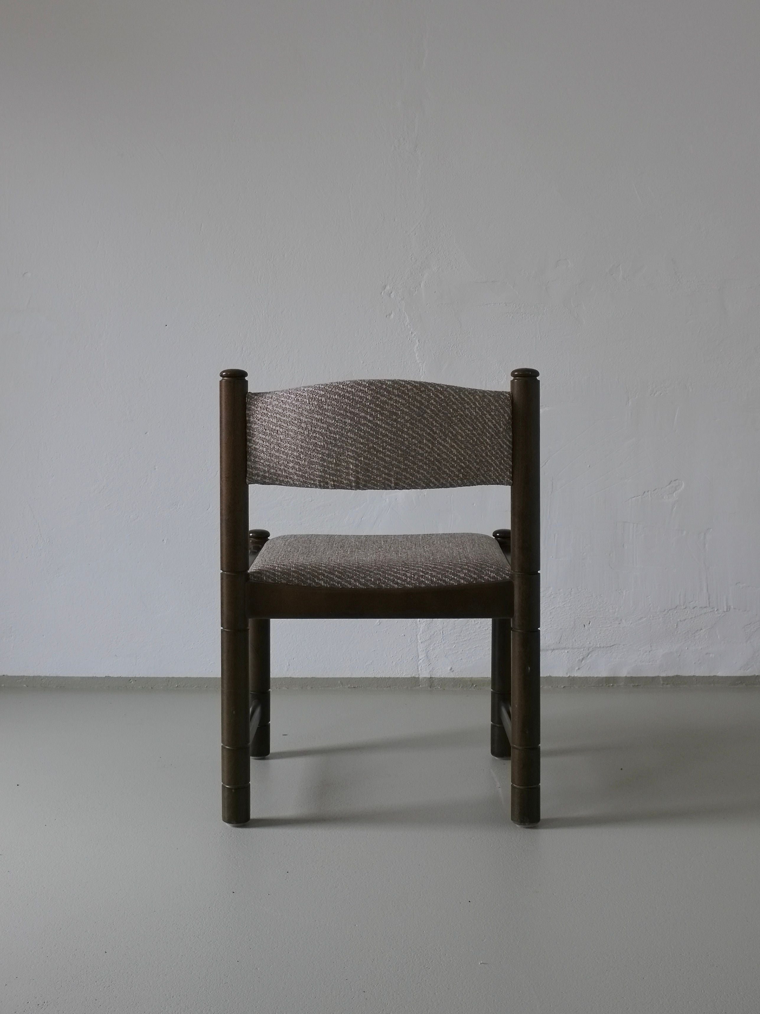 4 Green Carved Wooden Chairs, Scandinavia 1960s — front view highlighting woven seat detail