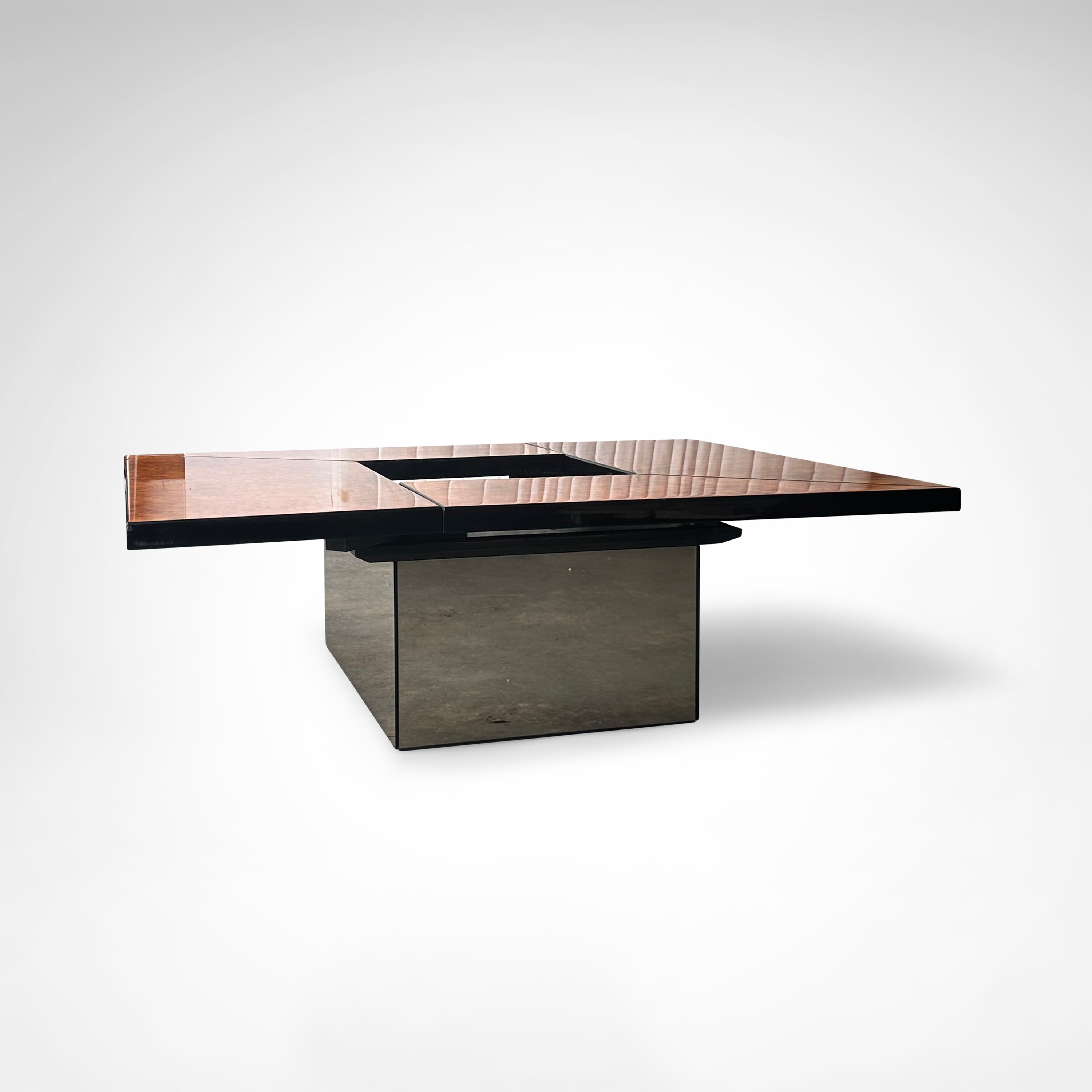 Burl wood coffee table with bar by Paul Michel for Roche Bobois 1980s — angled view highlighting reflective base and wood gra