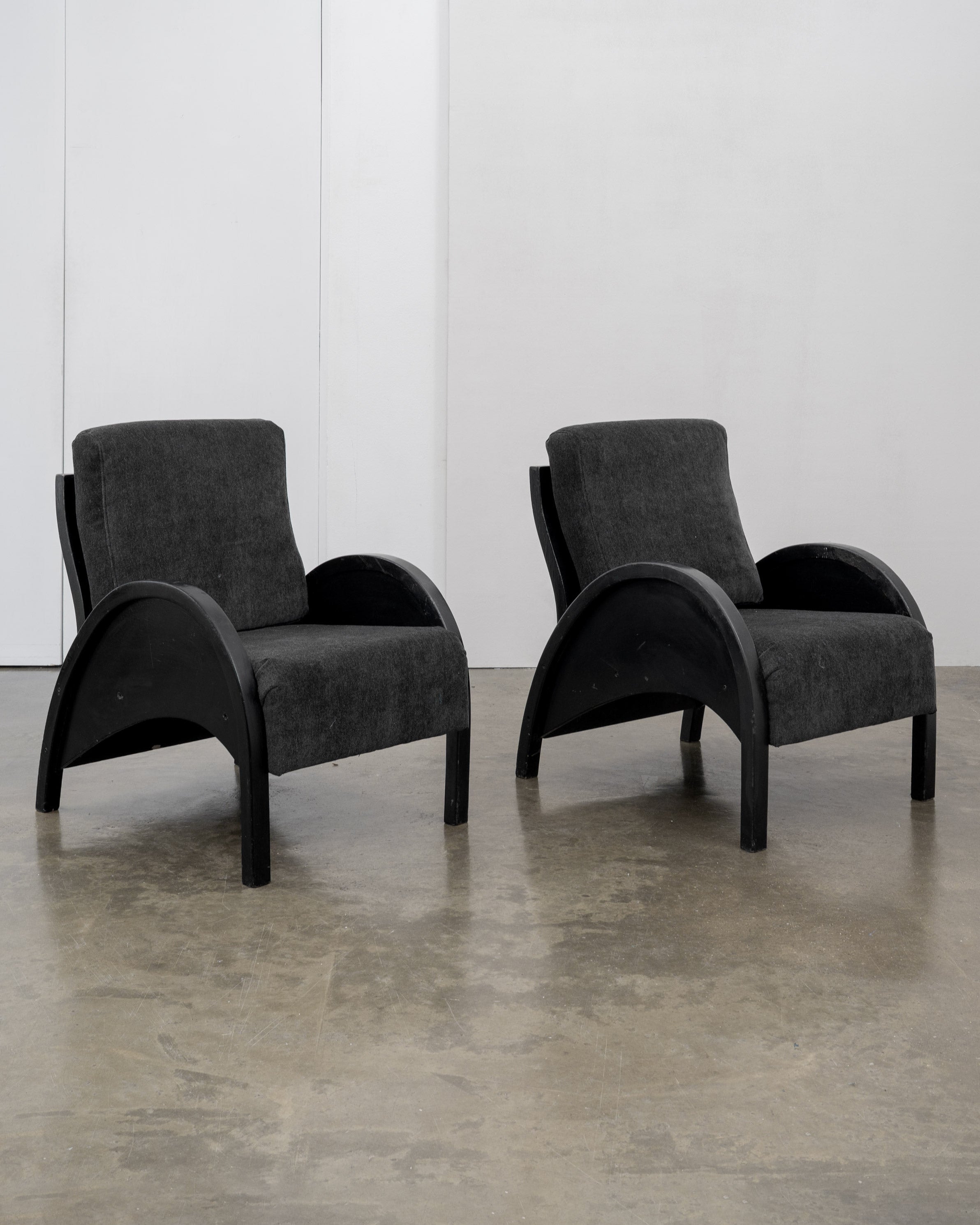 Modernist Armchairs, c.1950 by Tom Bogle | The Oblist — black wood, gray upholstery