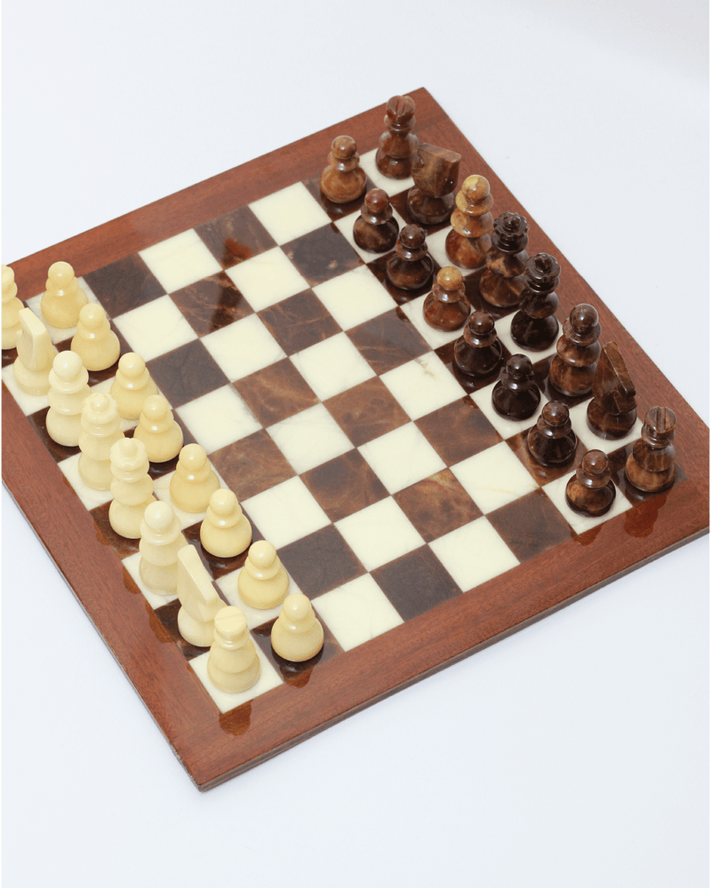 Marble Chess — close-up of handcrafted marble and wood board