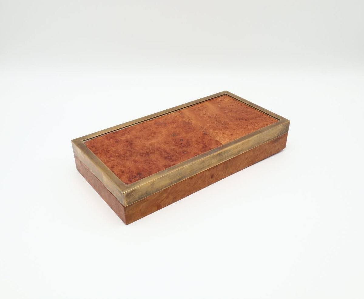 Italian 1970s Burl Wood and Brass Decorative Box by Forma Finds | The Oblist