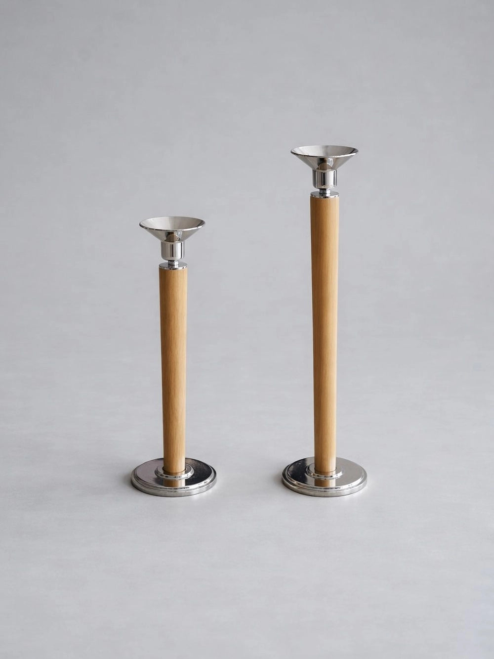 1980s Italian Art Deco Chrome & Wood Candlestick — detail view