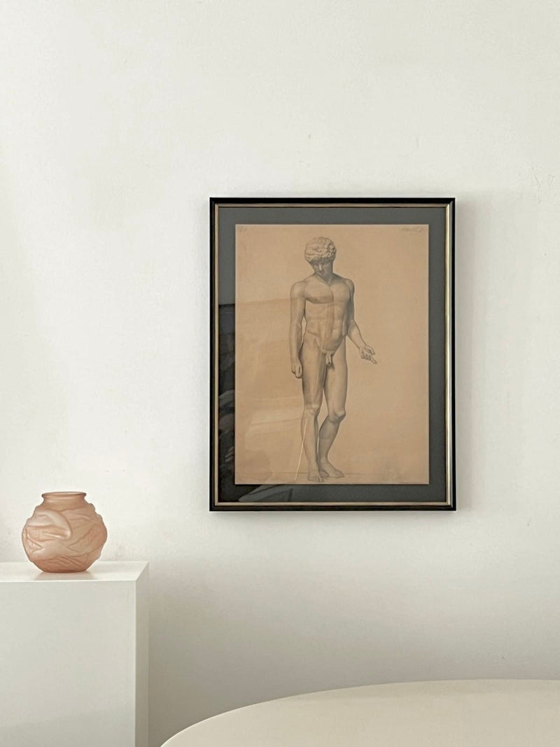 Figure Drawing in Pencil, Male Nude — framed artwork on white wall