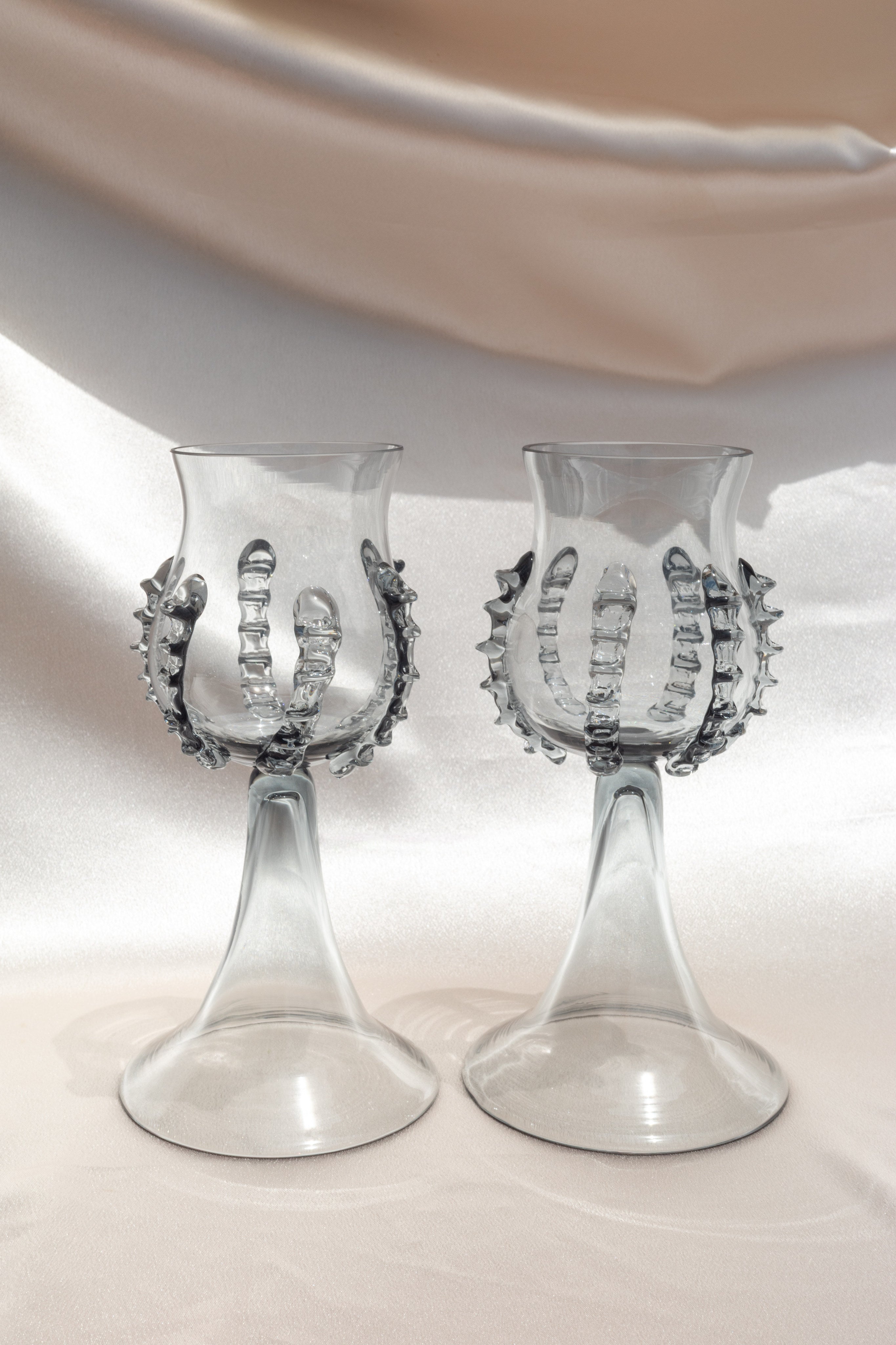 Pair of Mouthblown Wine Goblets - Ribbed