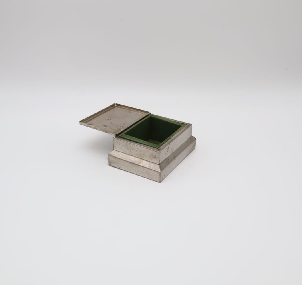 Art Deco Stepped Pewter Cigarette Box – Germany, 1930s — detail view