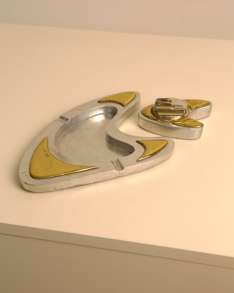 Mid-century modern chrome and gold ashtray lighter set from 1960s