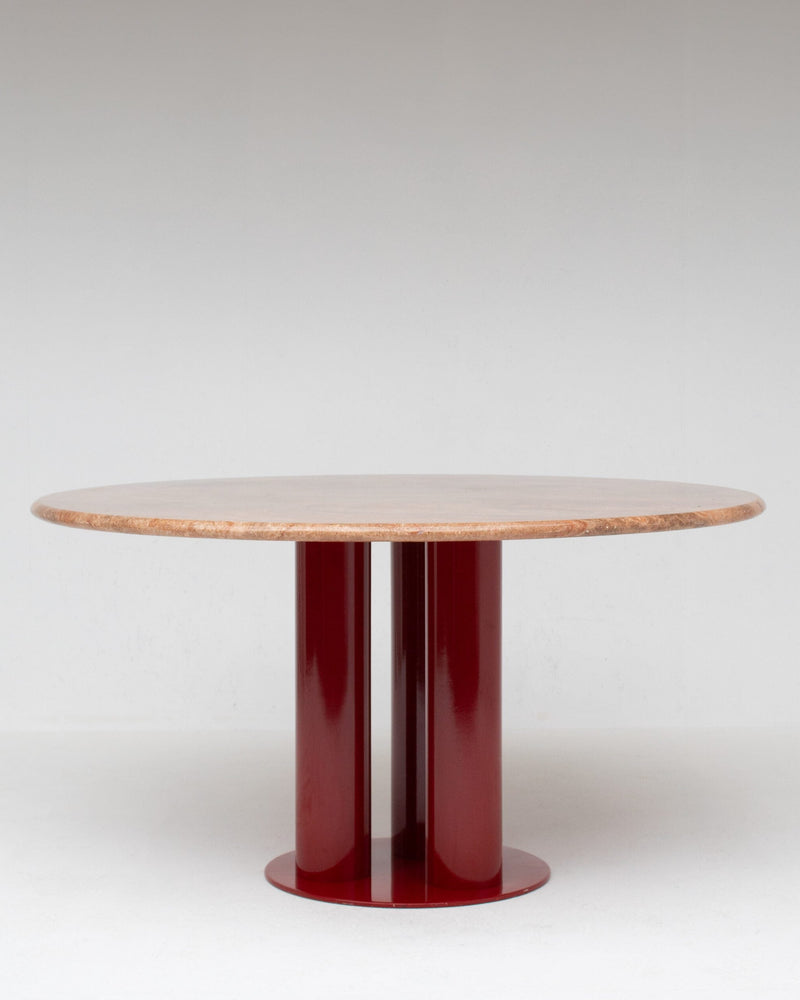 Round Marble Dining Table with Burgundy Lacquered Base — front view highlighting circular marble top and lacquered base