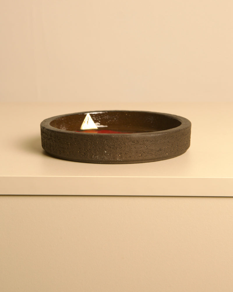 Circular Ceramic Trinket Dish by Jan Van Erp 60's — side view showing dark ceramic texture