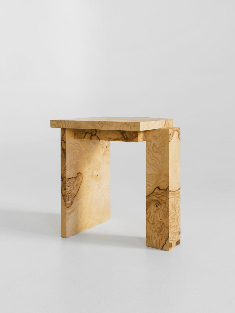 Minimalist burr wood side table with sculptural angular base