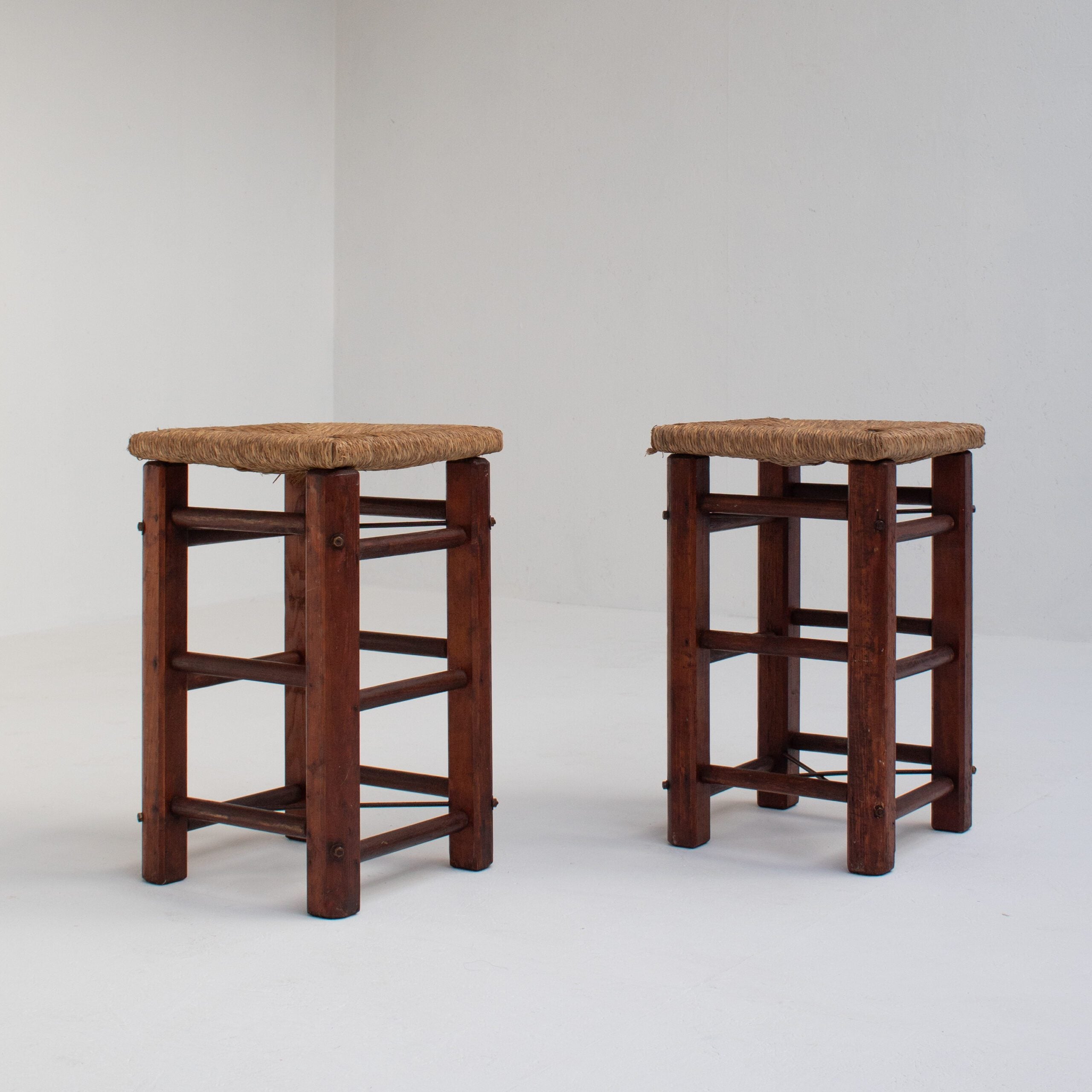 Pair of Rustic Wooden Stools with Woven Rush Seats — top view showing natural wood finish