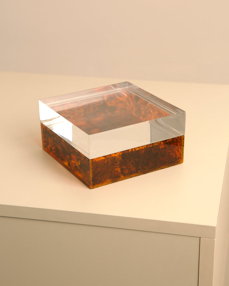 Large amber acetate and plexiglass box from 1970s Italy