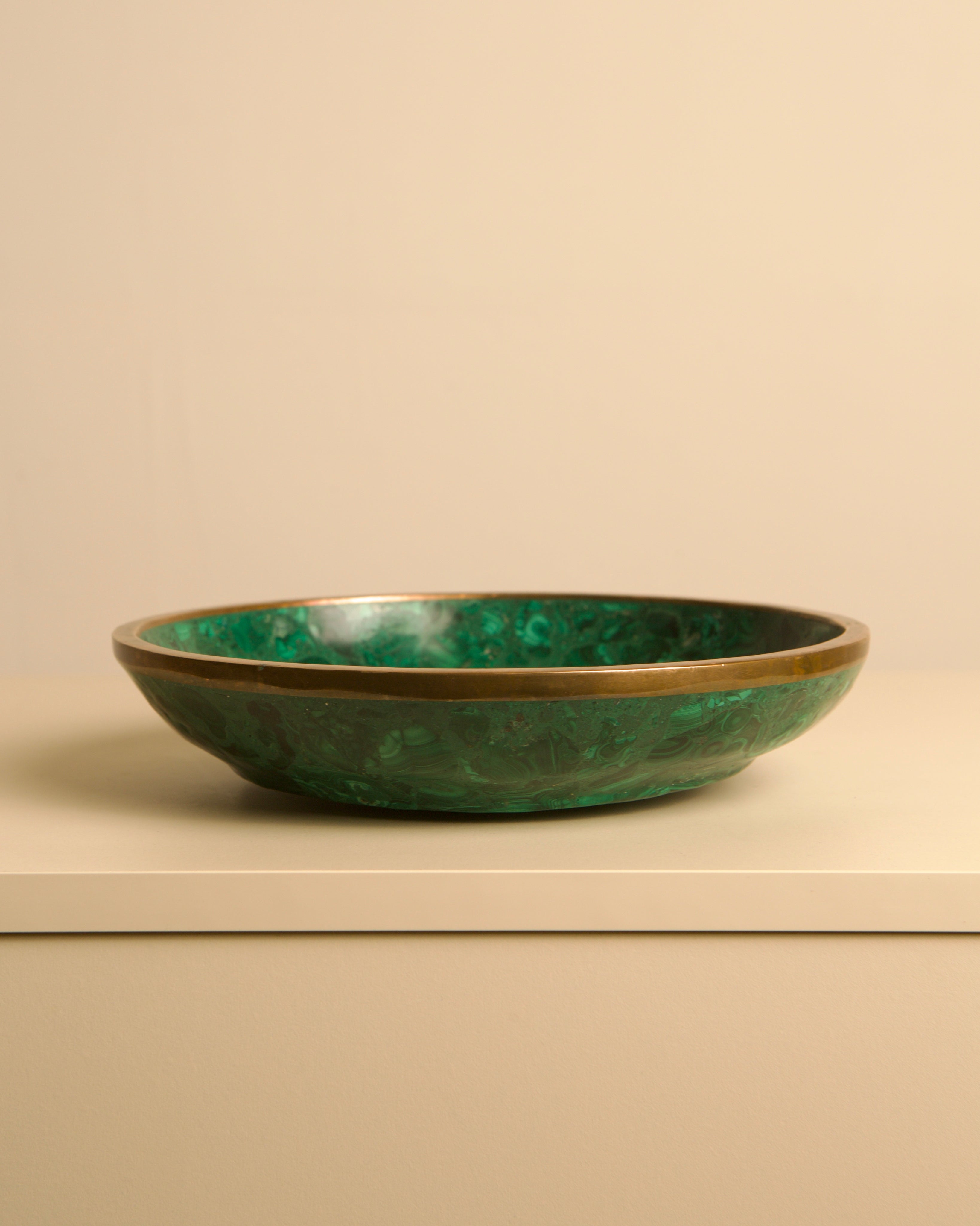 Large Italian malachite and brass bowl, 1960s — detail view