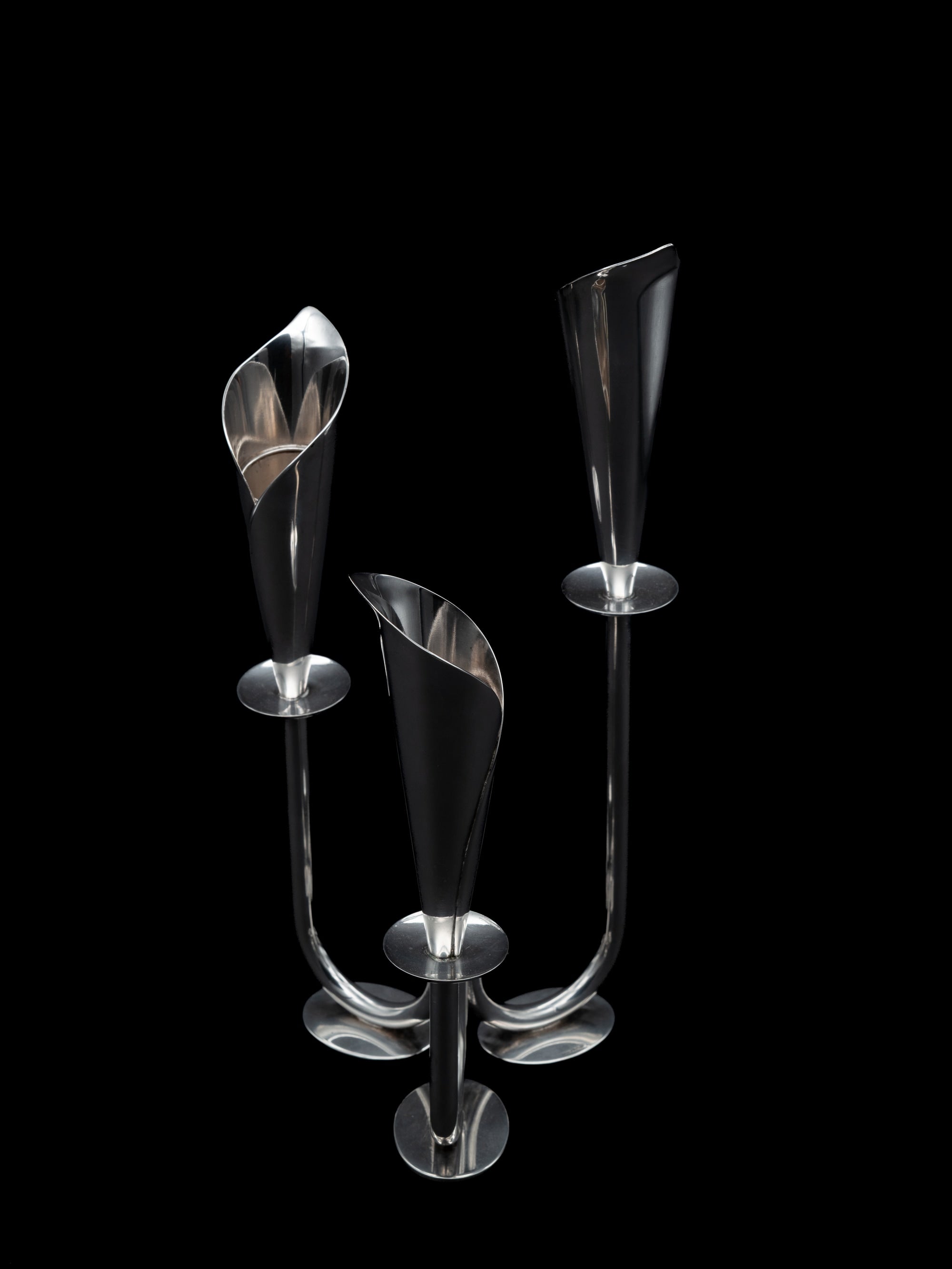 Calla Lily Candle Holder, Denmark, c. 1960s — close-up of polished metal design