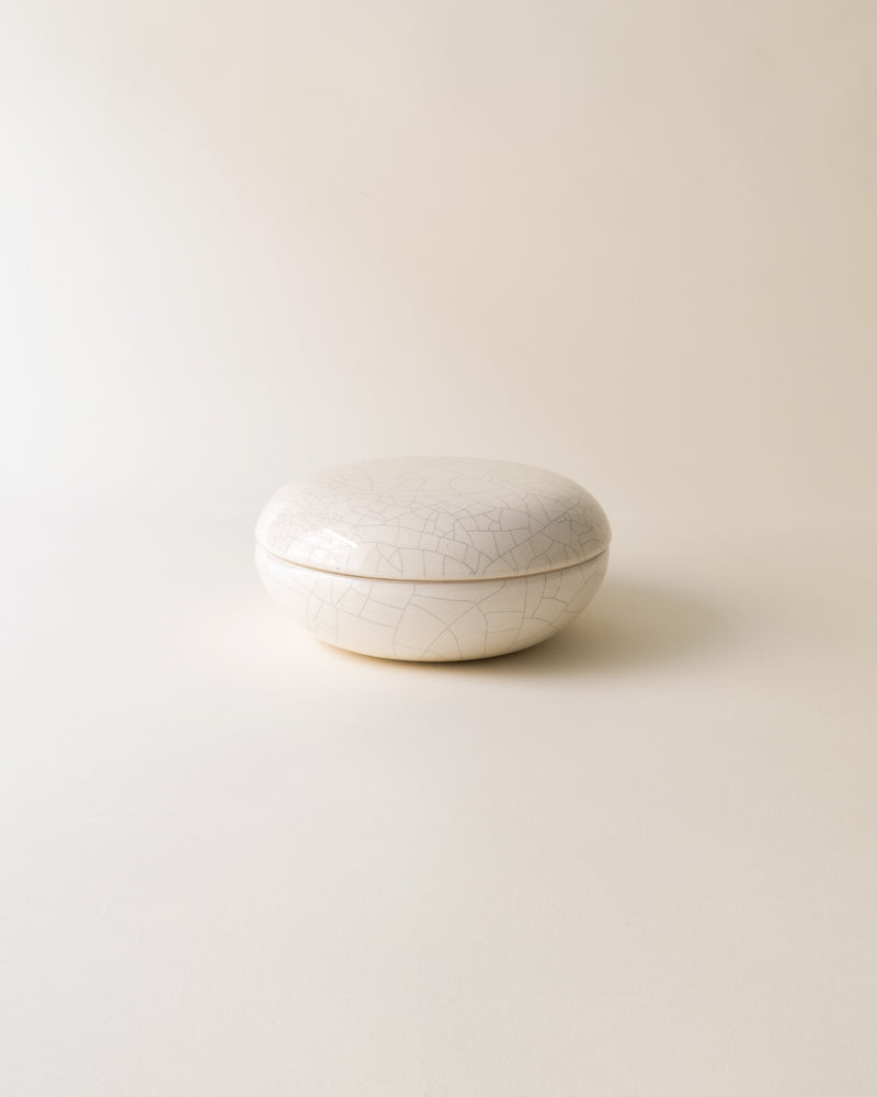 White crackled ceramic jar with lid from Longwy 1940s