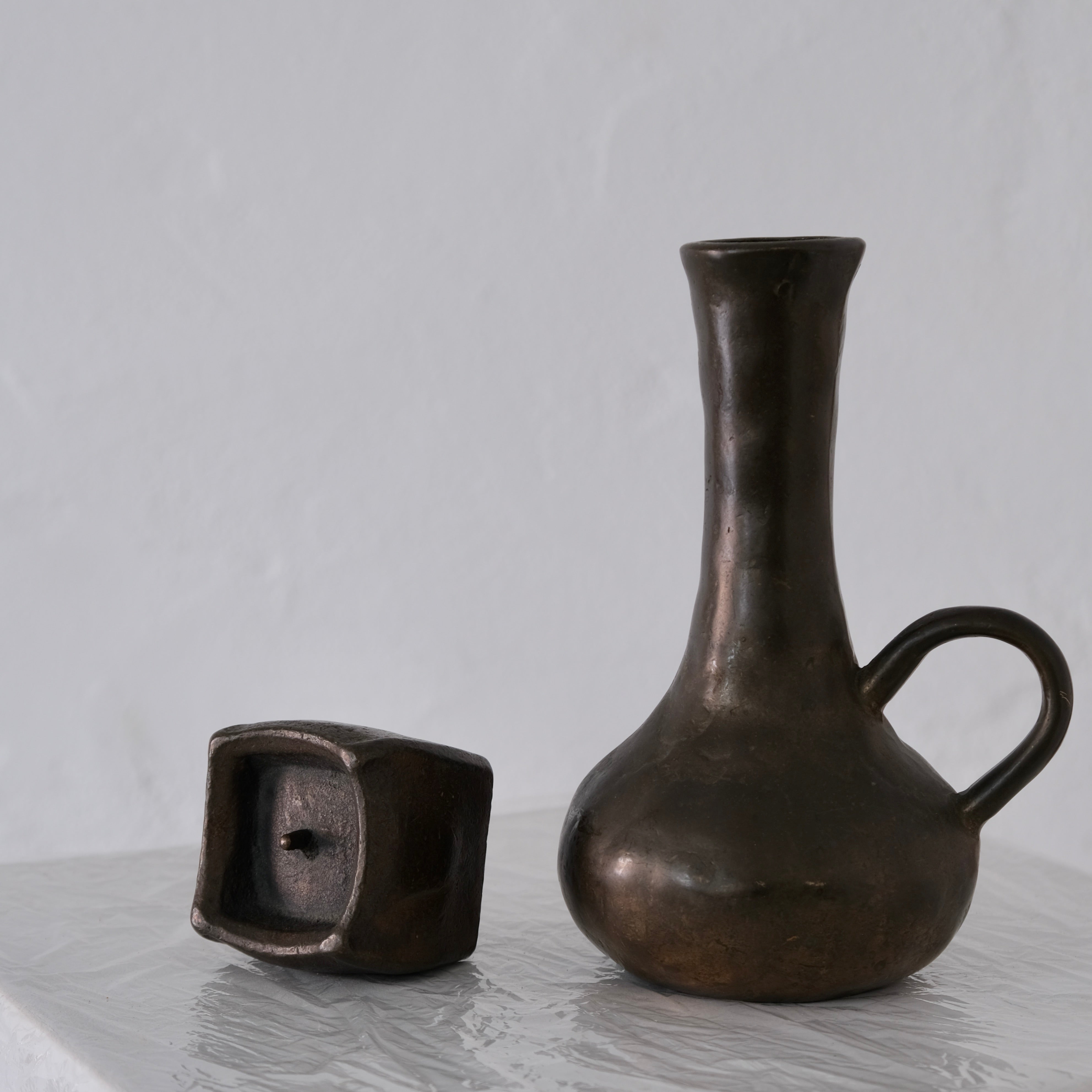 Brutalist Cast Bronze Candle Holder & Vase Set, 1970s — top view of bronze vase and holder