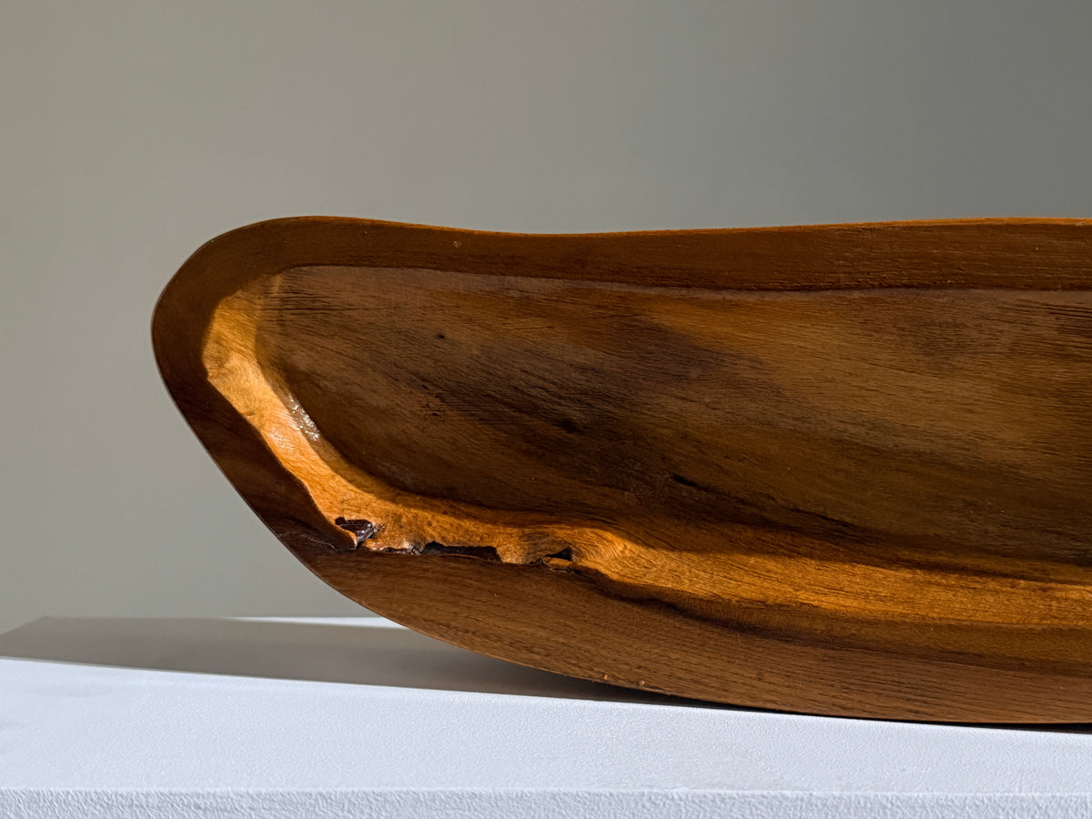 Large sculpted elm wood bowl, France, circa 1950 — side angle