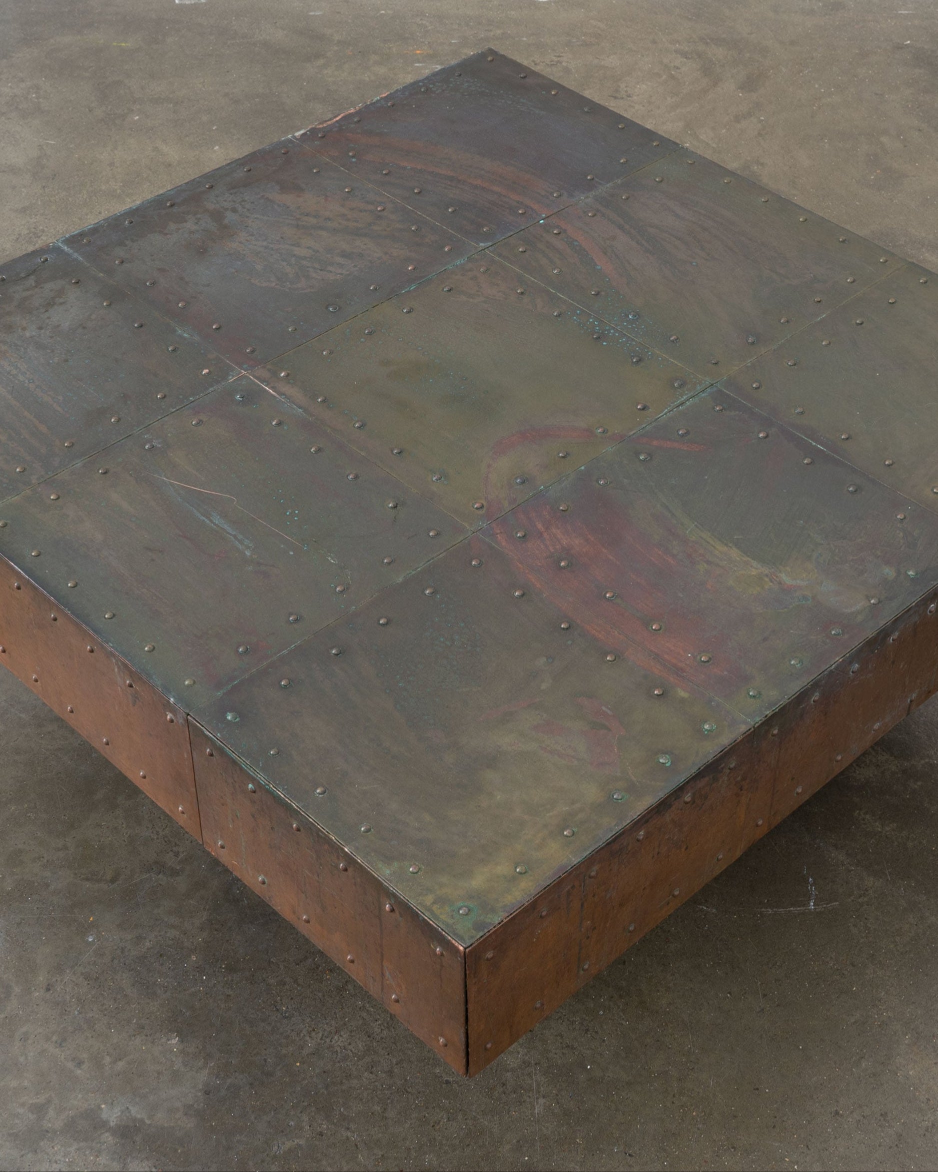 Brutalist Artisanal Copper and Mahogany Coffee Table