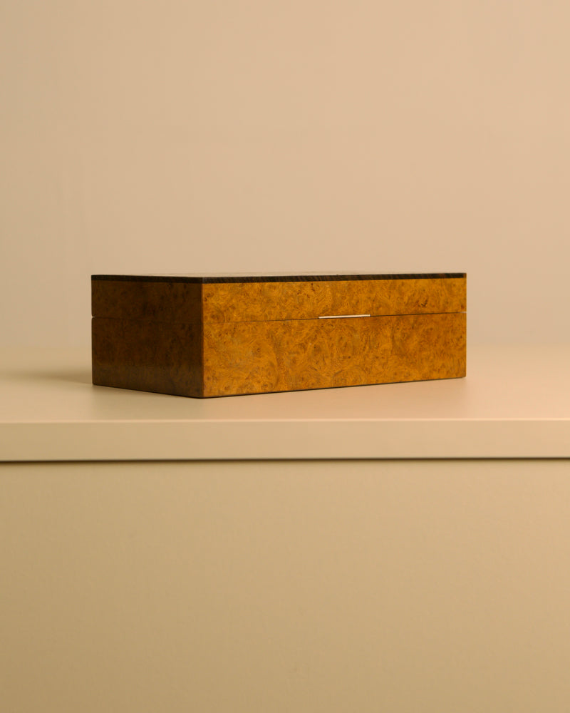 Italian Box in Light Brown Elm Wood, 1960s — close-up of box on neutral background