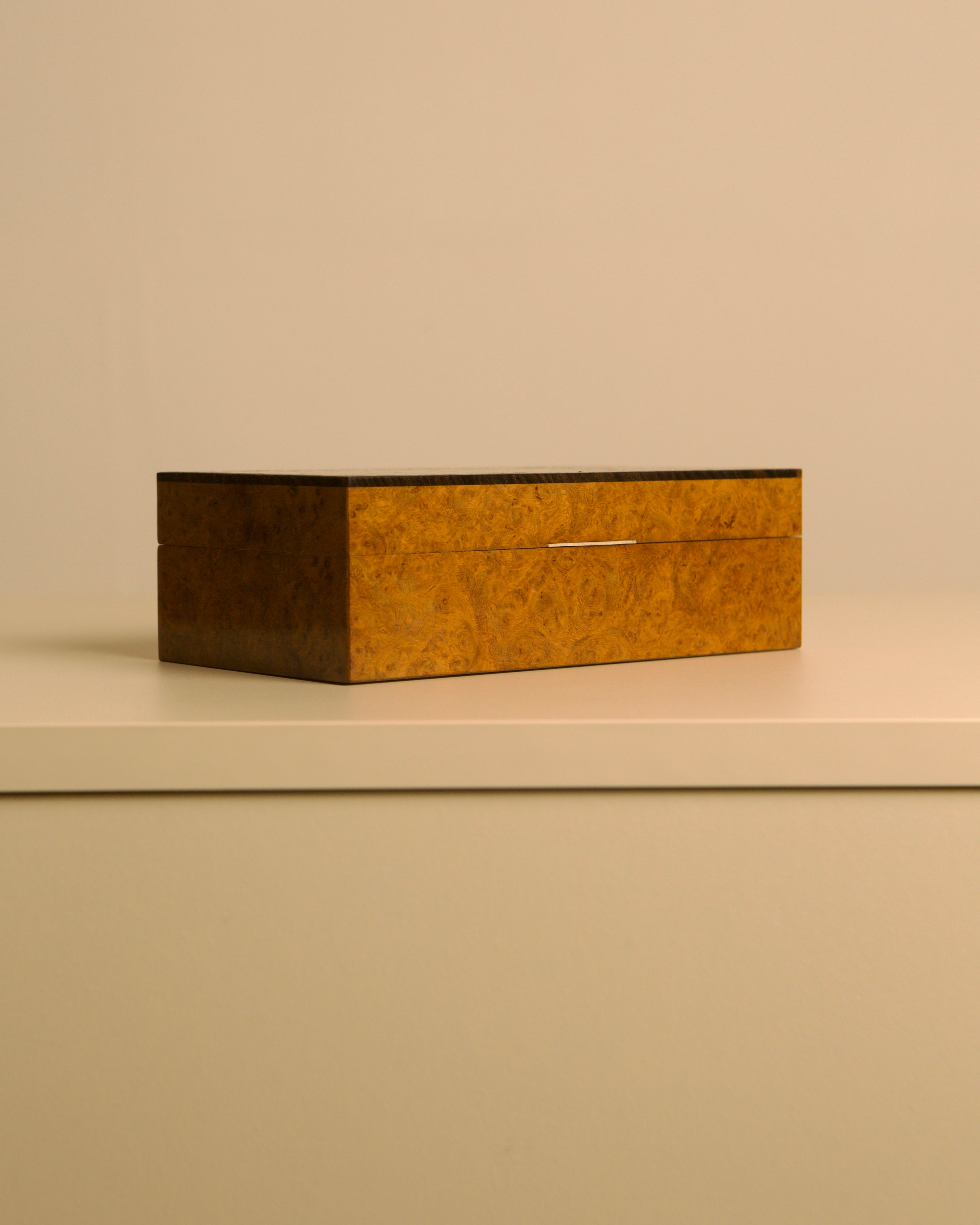 Italian Box in Light Brown Elm Wood, 1960s — close-up of box on neutral background