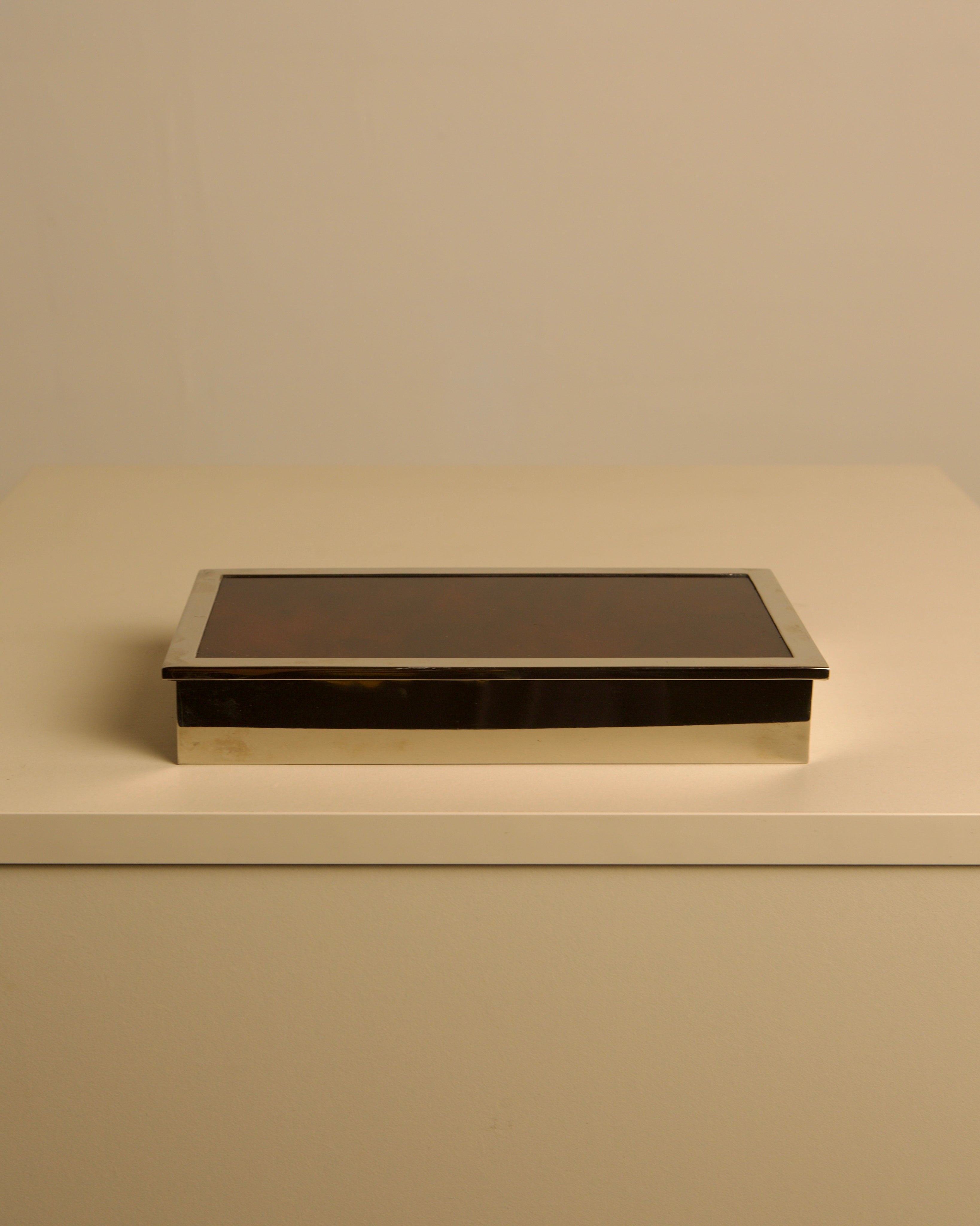 Italian rectangular box in chrome metal and faux tortoiseshell lacquer with light wood int — detail view