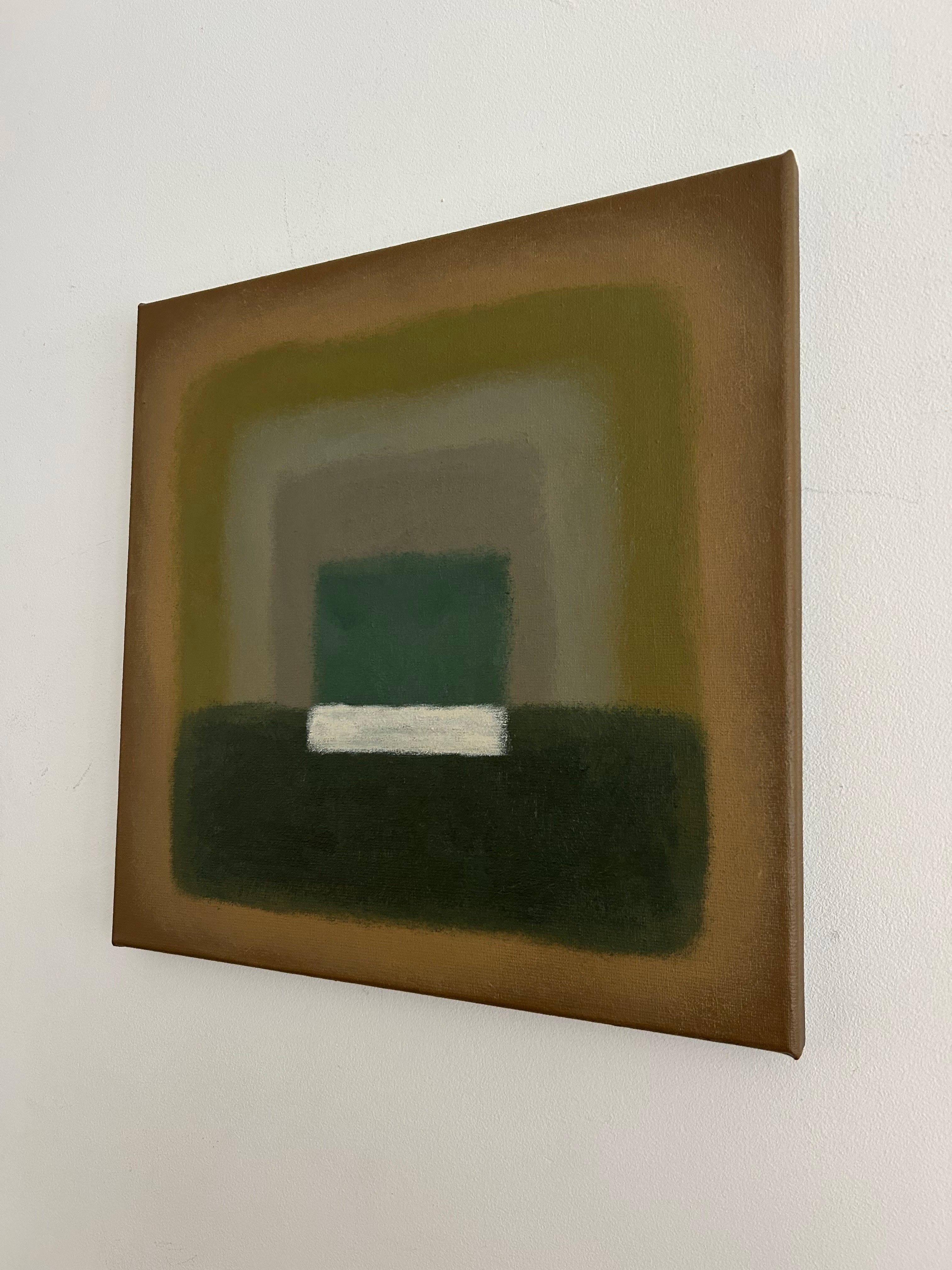 The Forrest Walk Painting by Iris Bavelaar features abstract geometric shapes in muted browns, greens, and grays, with a dark central rectangle and white bar softly layered on canvas—perfect for adding contemporary style to any white wall.