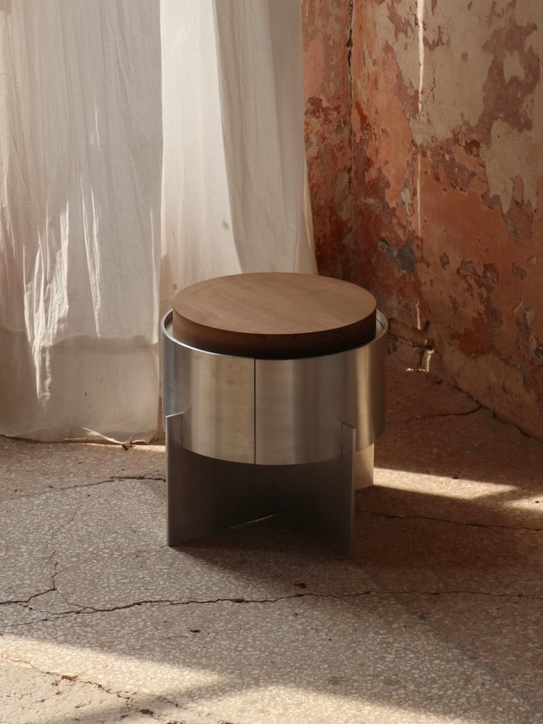 Lunar Side Table — angled view with wooden top and metal base