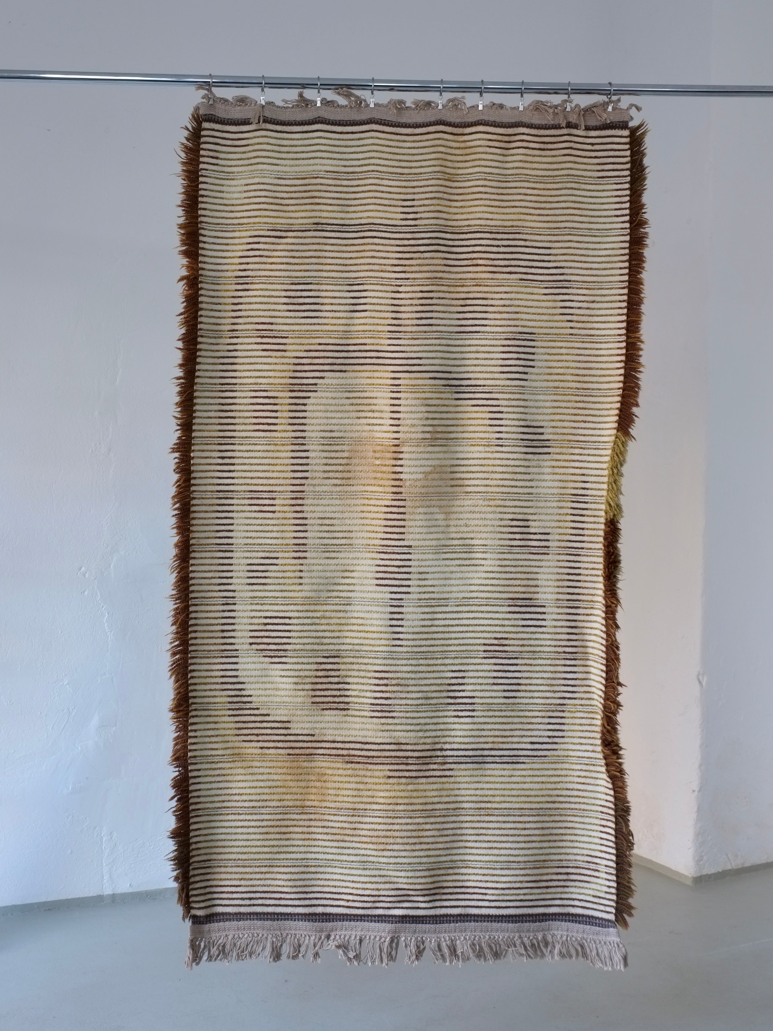 Vintage Swedish Brown Wool Rya Rug | 1960s — hanging view with textured pattern