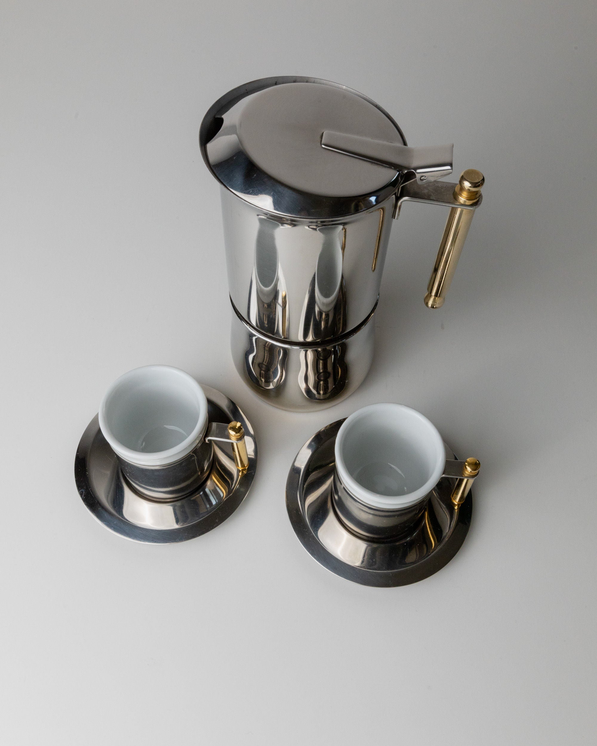 Coffee Set by IMCO, Italy 80s — close-up of stainless steel coffee pot and cups