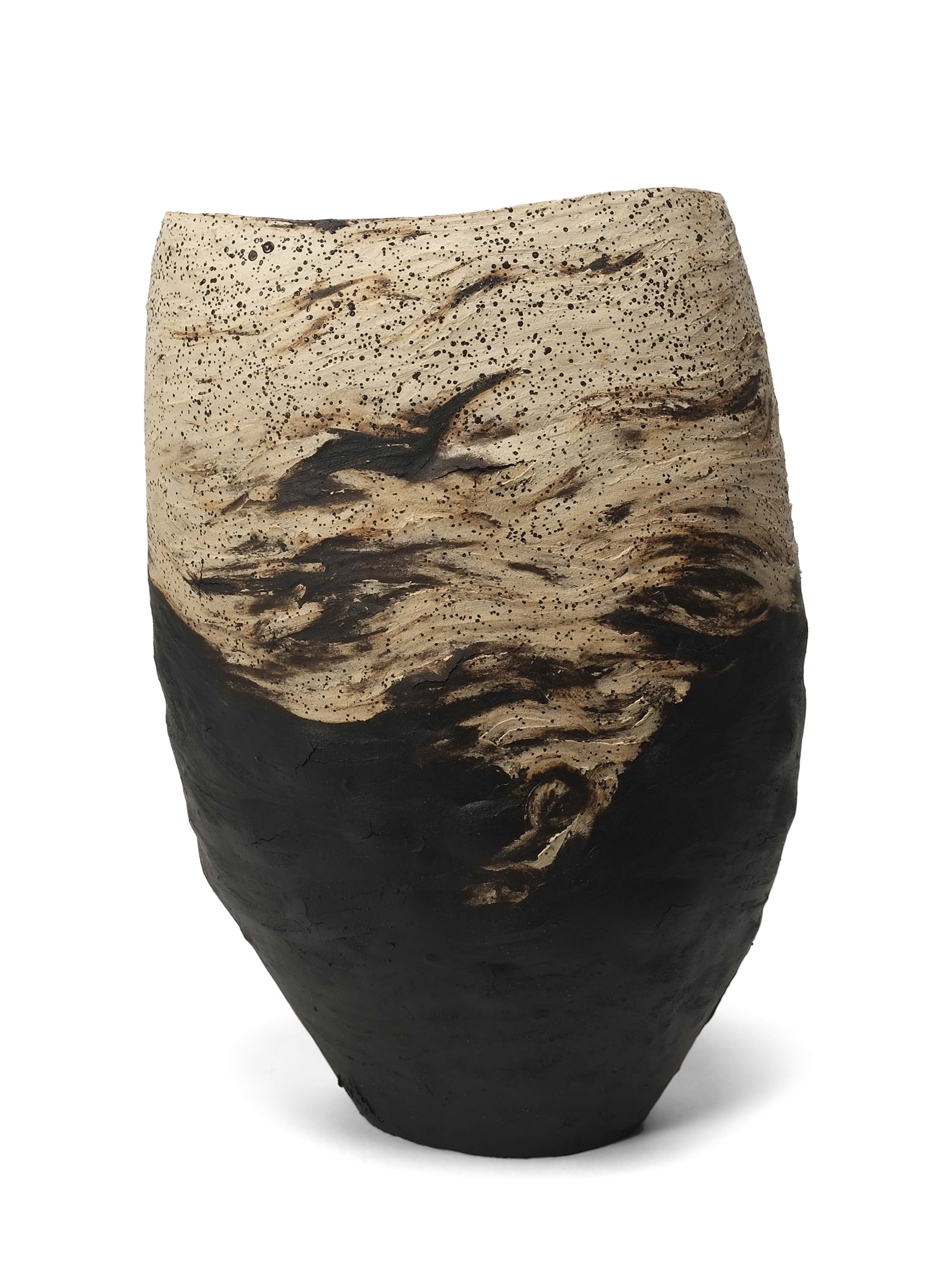 Gestural Earth Vessel in Black and Speckled Stoneware Clay — side angle