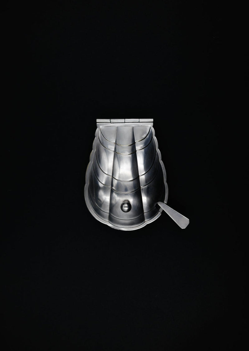 Scallop Shell Butter Dish & Knife Set, France, c. 1910s — top view of silver dish with knife