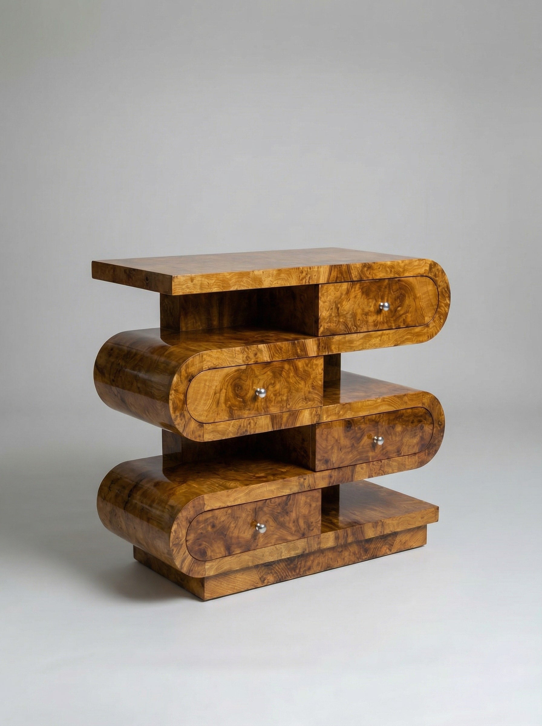 Hebi Drawers' Olive Burl Wood Console — close-up of curved wood details