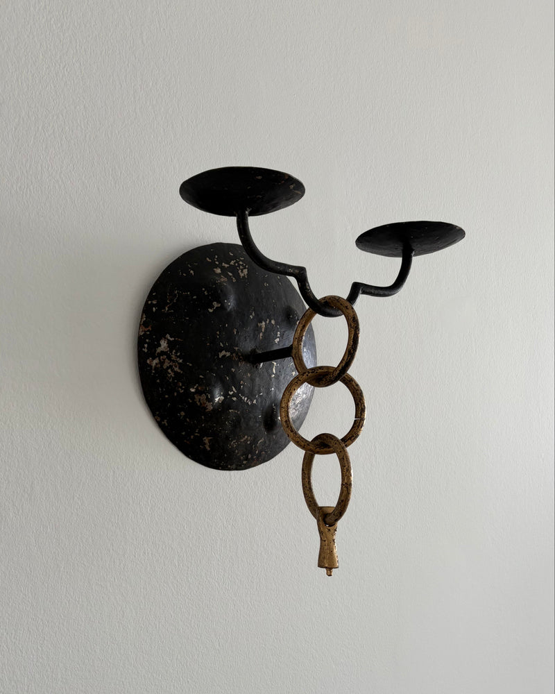 Pair of Brutalist Wall Candleholders, Iron and Brass, Iberian Peninsula, mid-20th century — alternate view