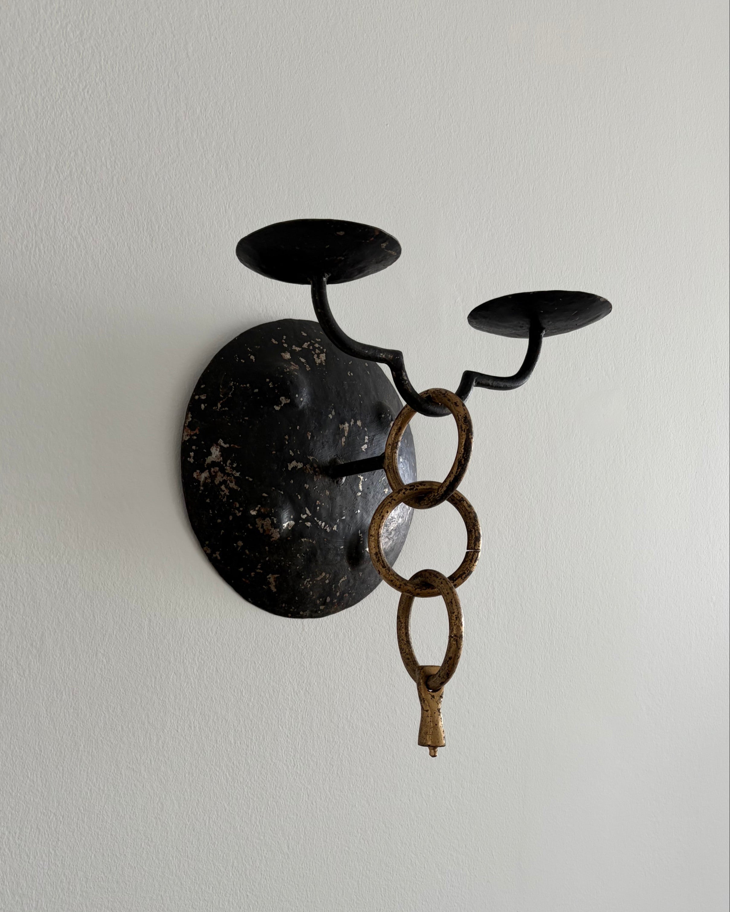 Pair of Brutalist Wall Candleholders, Iron and Brass, Iberian Peninsula, mid-20th century — alternate view