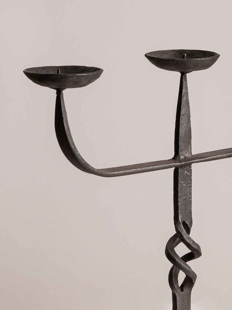 Hand-Forged Spanish Revival Wrought Iron Candelabra — side angle