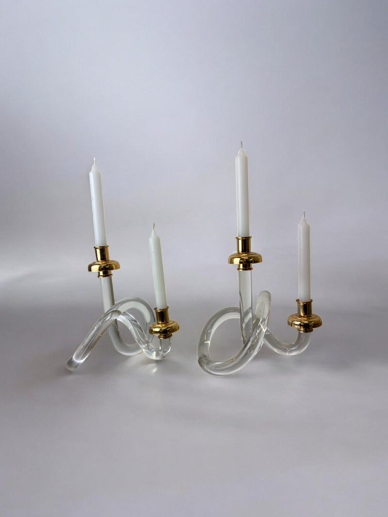Pair of Pretzel Candleholders by Dorothy Thorpe, Circa 1970 — close-up of clear glass and brass details